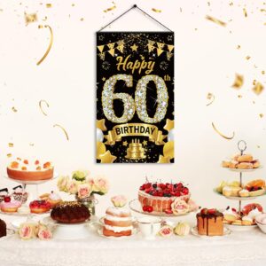 60th Birthday Decorations Door Banner Sign for Men Women, Happy 60 Birthday Door Hanging Party Supplies, Black Gold Sixty Year Old Bday Wall Hanger Decor