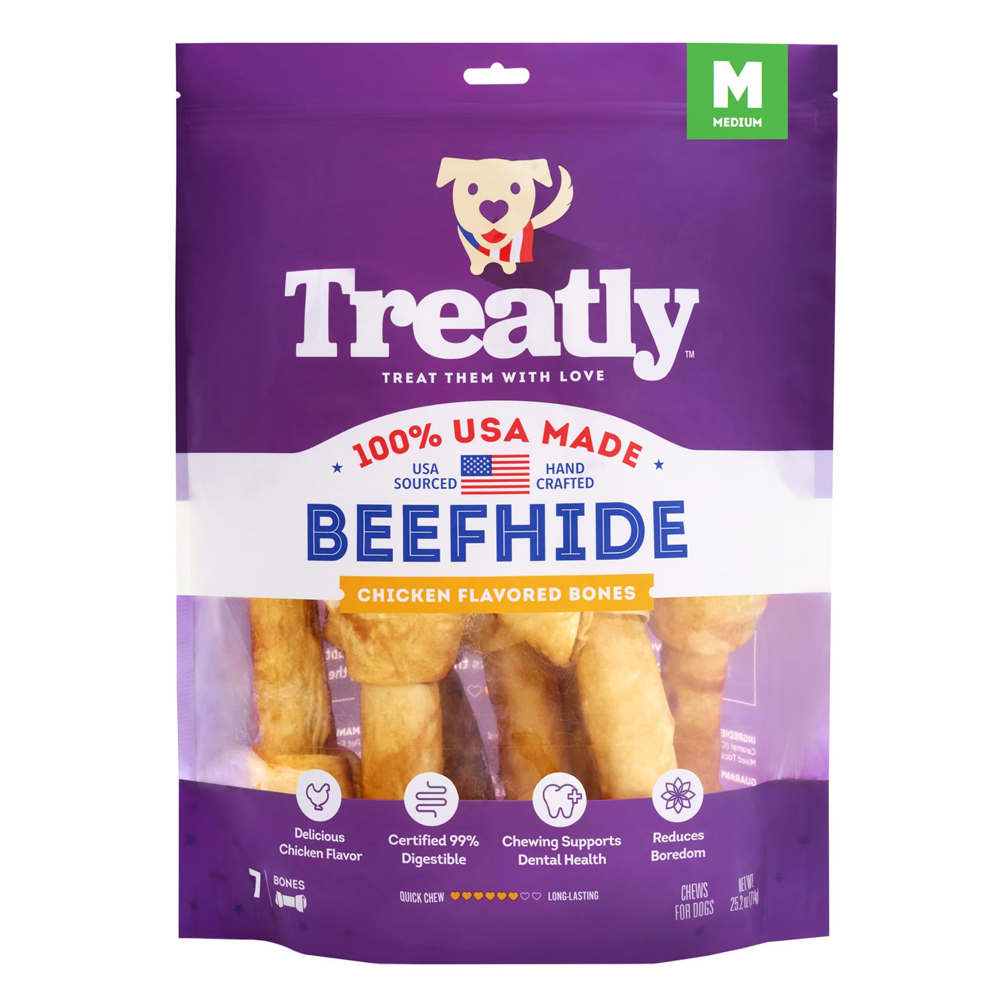 Treatly USA Beefhide Bones 7-8" Dog Chew Treats - Chicken Flavor, 7 Count/1 Pack