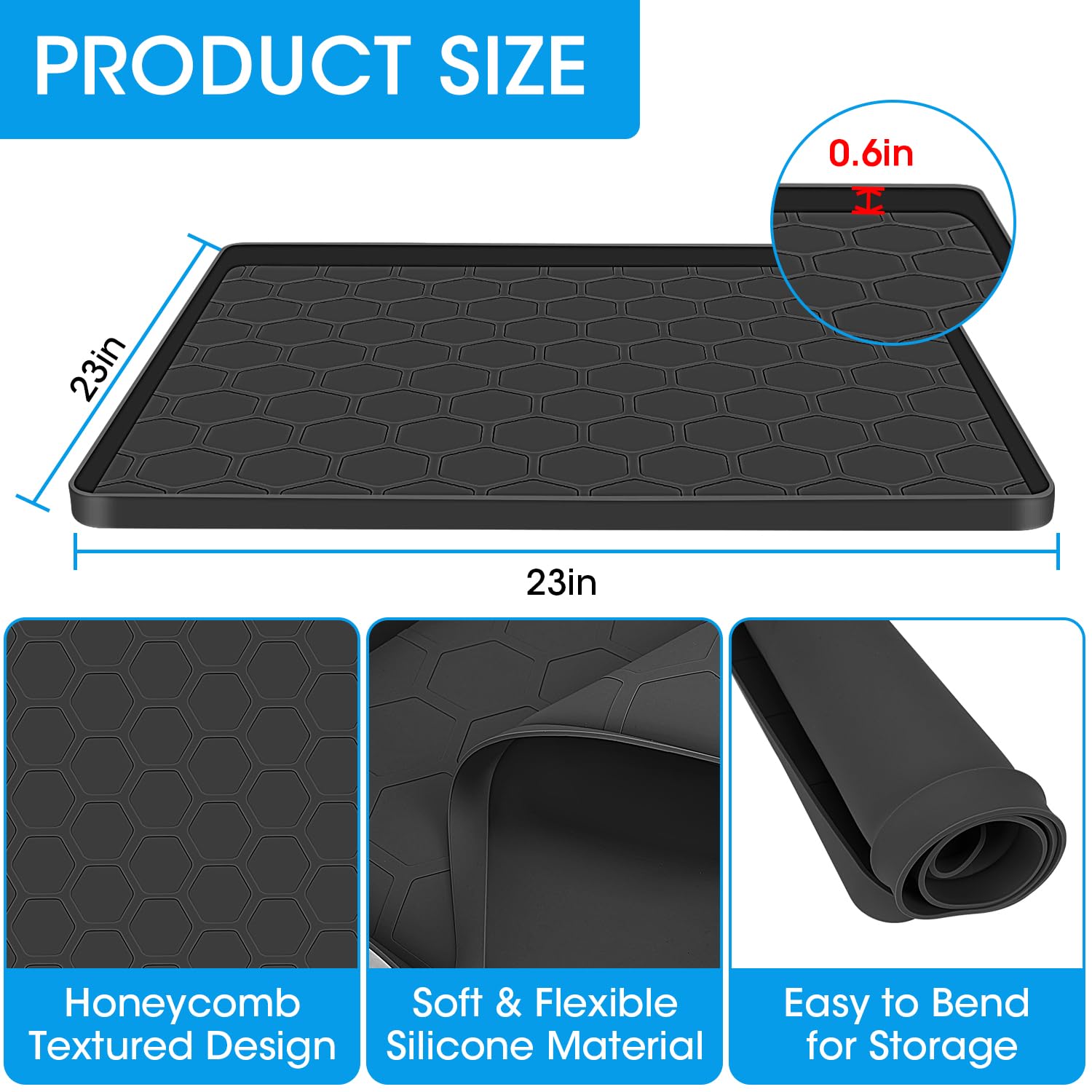 23inch Mini Fridge Silicone Mat with Raised Edge, Refrigerator Floor Protector Mat, Under Small Fridge Mat, Prevent Water Leakage & Floor Damage Protect from Fridge Washing Machine Wine Cooler, Black