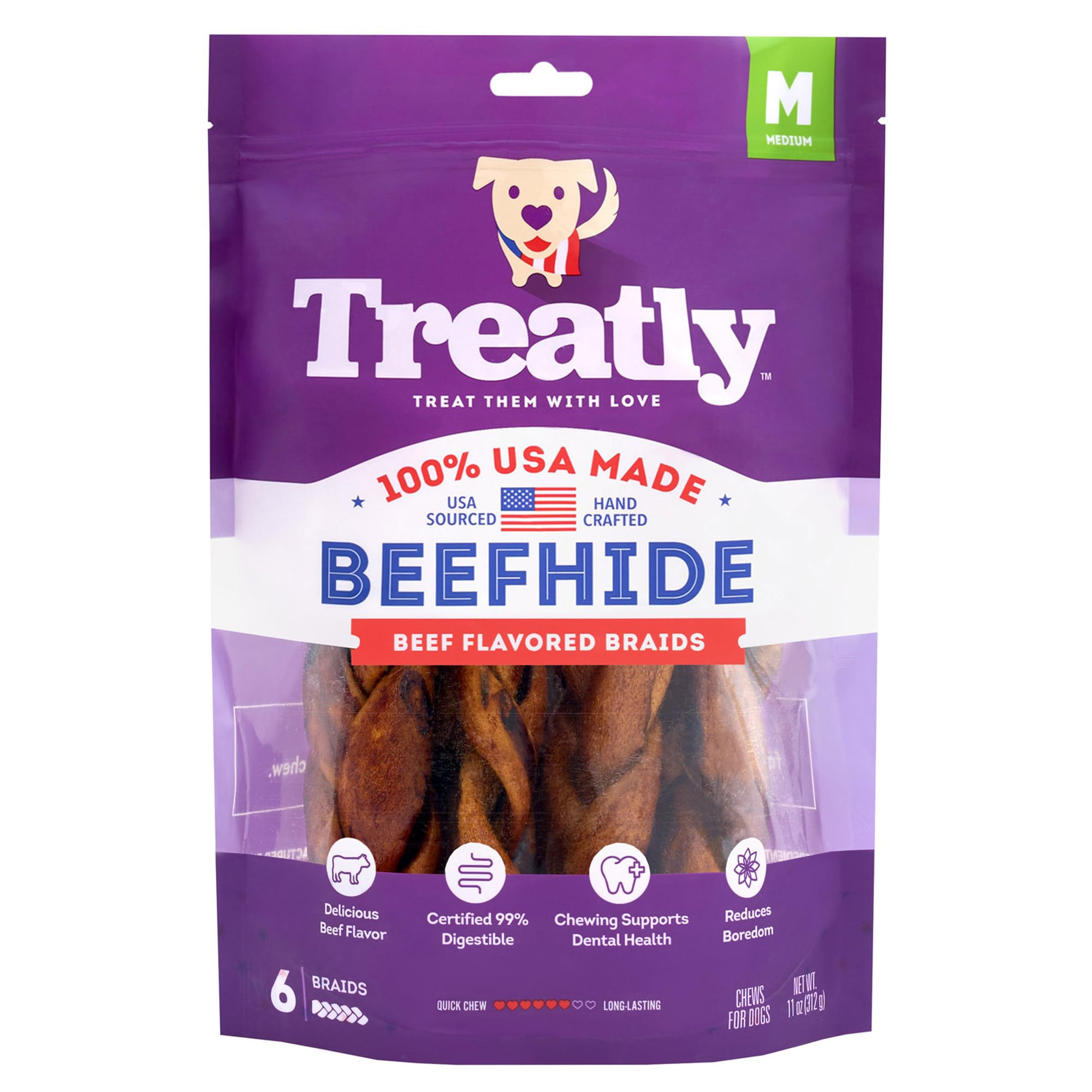 Treatly USA Beefhide Braids 7-8" Dog Chew Treats - Beef Flavor, 6 Count/1 Pack