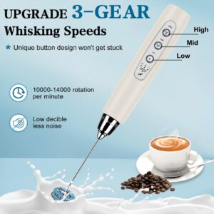 BSRGMS Milk Frother Handheld with Stand, Electric Whisk 3 Speed Adjustable, Drink Mixer with Stainless 3 Whisk, Rechargeable Hand Frother Wand, Foam Maker for Latte Cappuccino Hot Chocolate Egg Beige