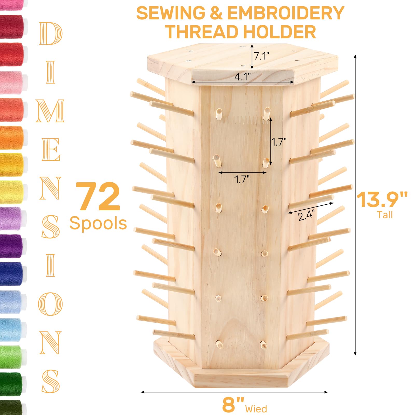 Hexagon Wooden Thread Holder Stand, 72-Spools Embroidery Thread Organizer, Smooth Wood Thread Racks for Spools of Thread and Bobbins - Quilting and Sewing Thread Storage(360° Rotating)