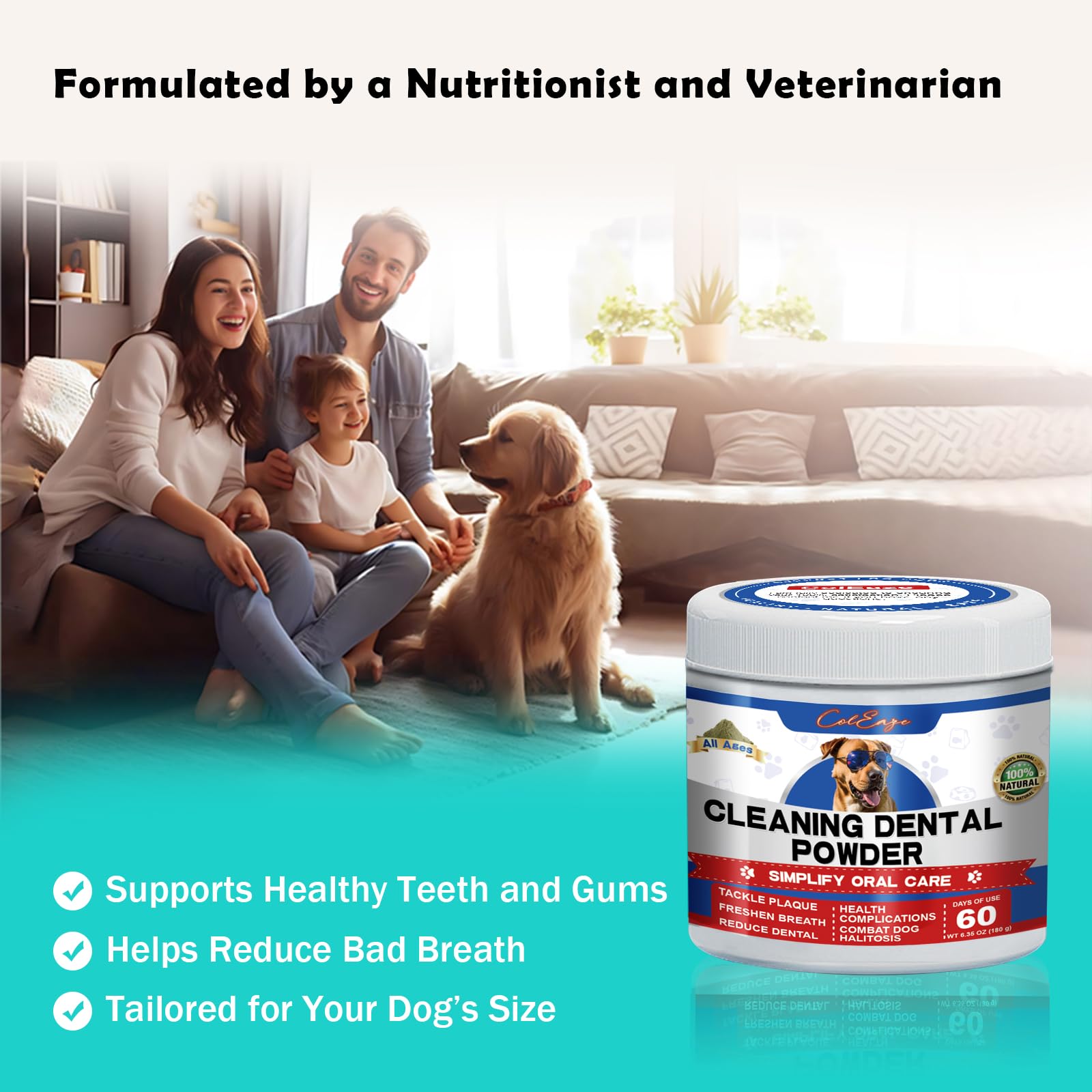 ColEaze Dog Teeth Cleaning Powder-Dog Dental Care and Bad Breath Treatment, Plaque Removal Herbal Dental Powder for Healthy Teeth & Gums for All Dogs