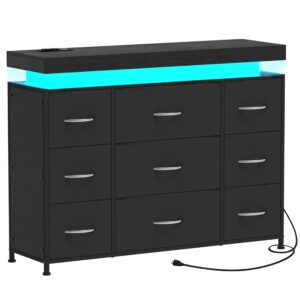 tohomeor tv stand 9 drawer dresser with power outlet & led lights, modern chest of drawers fabric drawers with pu finish small tv console table dresser for living room (black, 9 drawers)