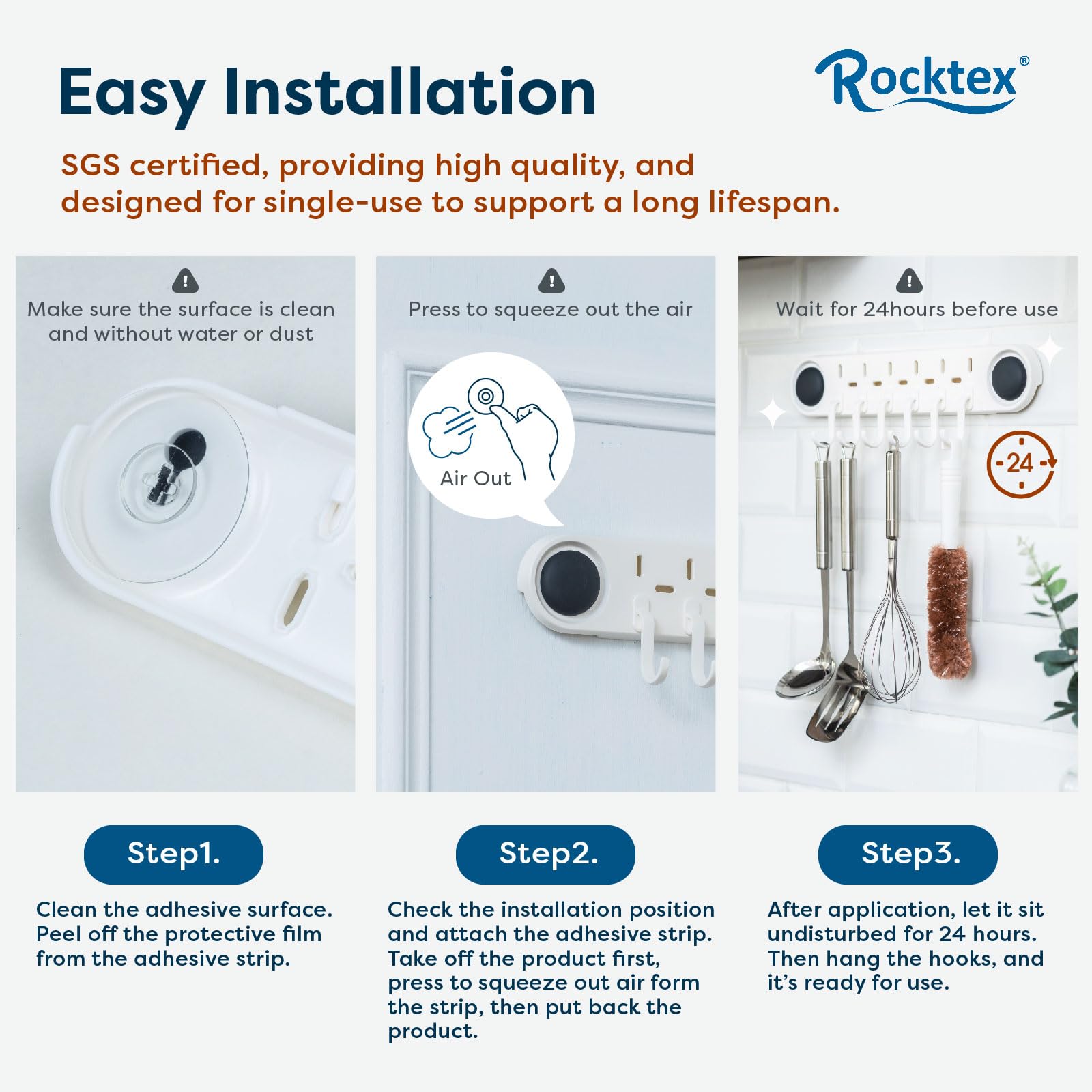 Rocktex No-Drill Hooks - White Self Adhesive Wall Hanging Hooks, Heavy Duty 4.4 lbs, Easy Installation, Versatile Vertical or Horizontal Options with 6 Adjustable Hooks for Wall, Bathroom, Kitchen