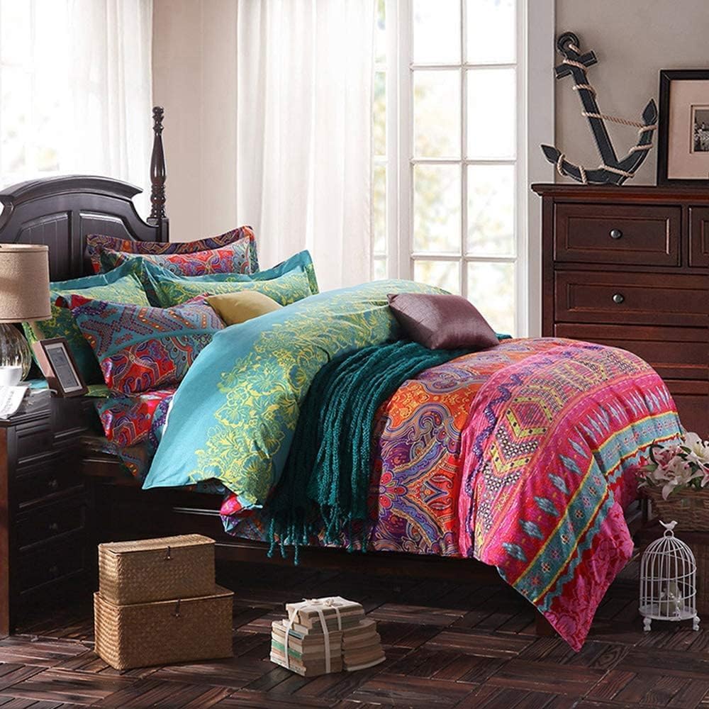 CottonLife Boho Queen Duvet Cover Soft Cotton 3 Pieces Boho Bedding Sets Queen Boho Exotic Colorful Chic Style Teal Orange Bohemian Retro Print Duvet Cover Queen, with Zipper Closure (NO Comforter)