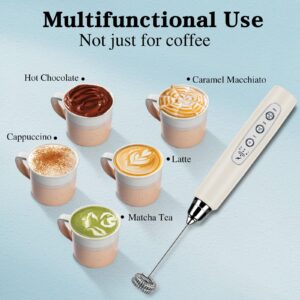 BSRGMS Milk Frother Handheld with Stand, Electric Whisk 3 Speed Adjustable, Drink Mixer with Stainless 3 Whisk, Rechargeable Hand Frother Wand, Foam Maker for Latte Cappuccino Hot Chocolate Egg Beige