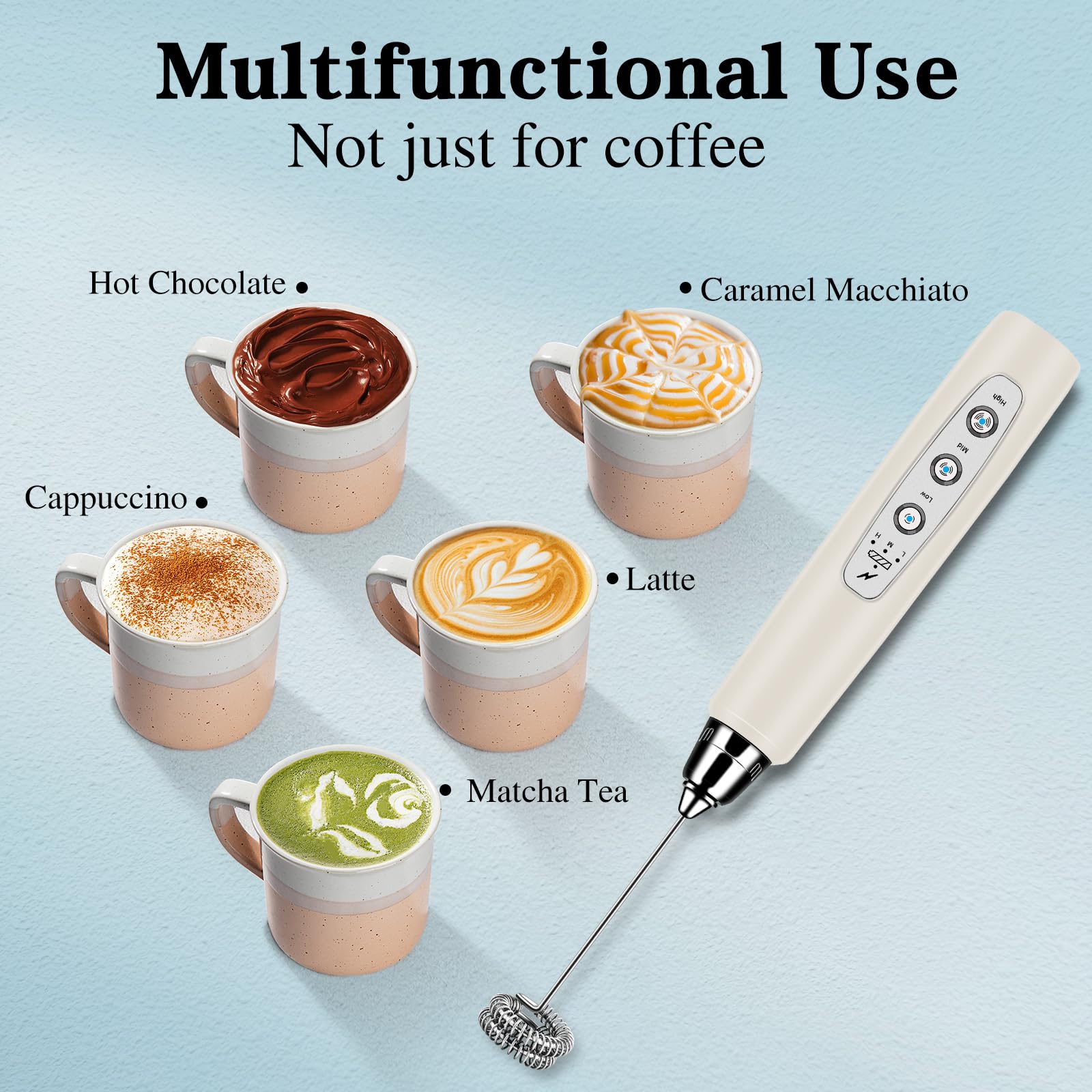 BSRGMS Milk Frother Handheld with Stand, Electric Whisk 3 Speed Adjustable, Drink Mixer with Stainless 3 Whisk, Rechargeable Hand Frother Wand, Foam Maker for Latte Cappuccino Hot Chocolate Egg Beige