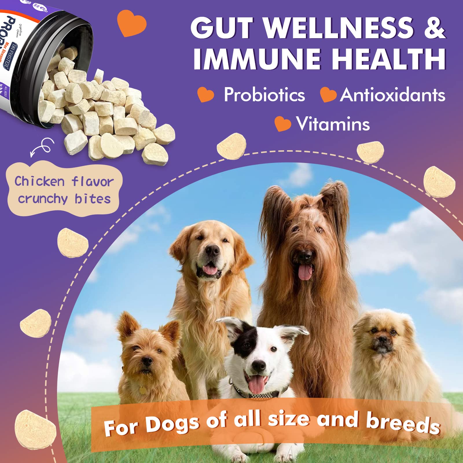 Probiotics for Dogs, Freeze-Dried Dog Probiotics and Digestive Enzymes, Plus Omega-3 for Itchy Skin, 3-in-1 Prebiotics for Digestive Health, Dog Vitamins and Supplements for Immune Health, 120 Bites