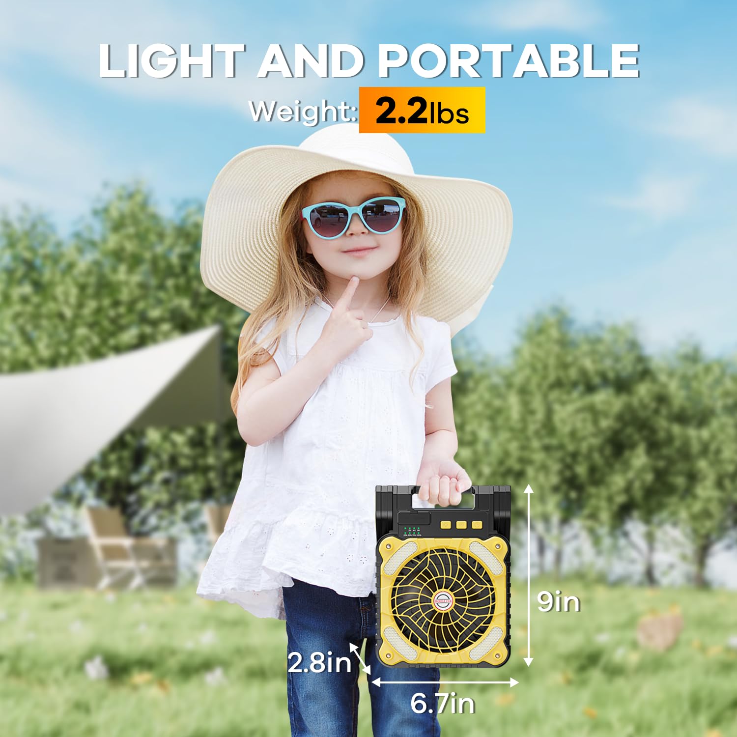 DOWILLDO Solar Powered Fan for Camping, 10400mAh Rechargeable Battery Operated Portable Fan with LED Lantern, 4 Speeds Powerful Wind and 3 Timer Table Fan, for Picnic, Hurricane, Fishing (Yellow)