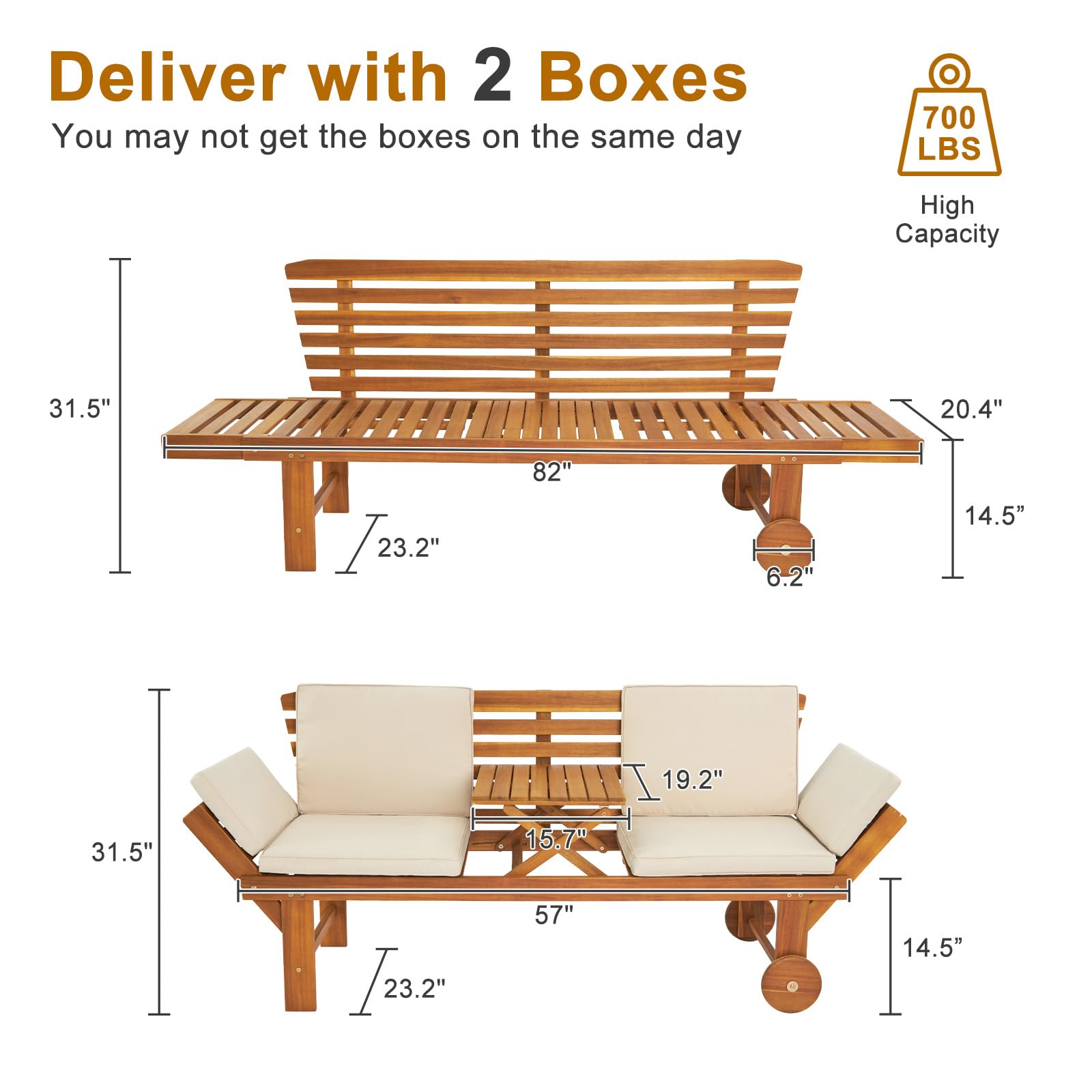 Outvita Acacia Wood Patio Convertible Couch Sofa Bed w/Adjustable Armrest & Wheels, Outdoor Daybed w/Removable Cushions & Pillows, Folding Chaise Lounge Bench for Porch Courtyard Poolside(White)