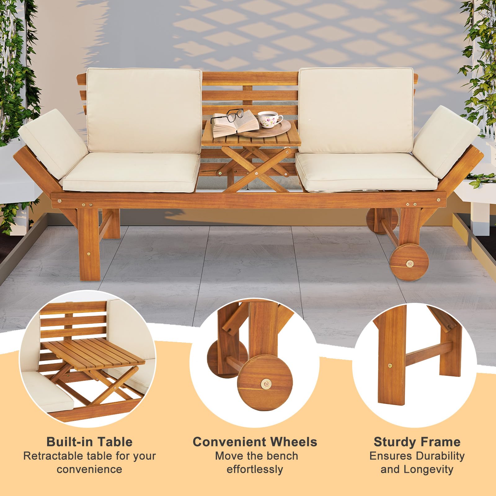 Outvita Acacia Wood Patio Convertible Couch Sofa Bed w/Adjustable Armrest & Wheels, Outdoor Daybed w/Removable Cushions & Pillows, Folding Chaise Lounge Bench for Porch Courtyard Poolside(White)