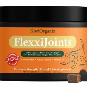 KiwiOrganix NZorganix FlexxiJoints Hip and Joint Supplement Chews for Dogs, Cats • 100% Grass-Fed Beef Bone Collagen New Zealand Green-Lipped Mussels • 100 Chews