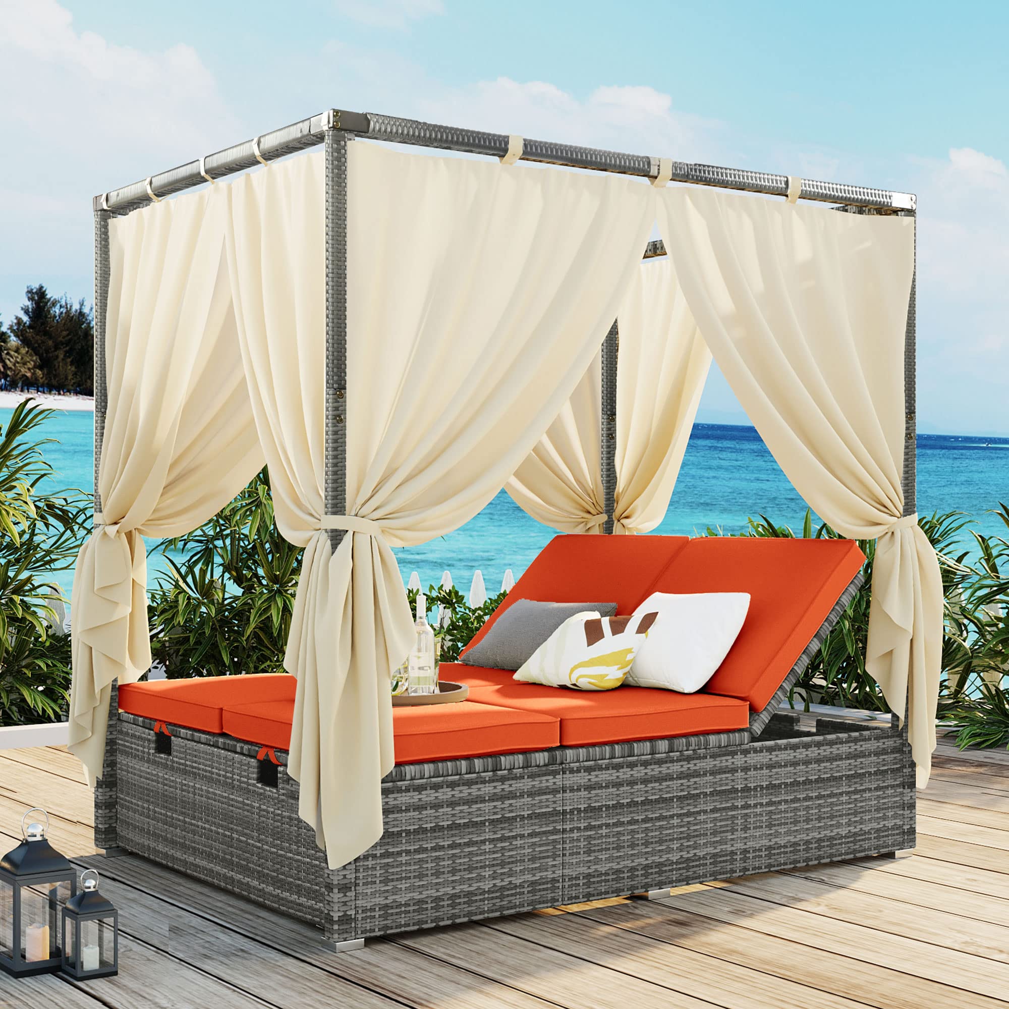 BAMOOLI Outdoor Canopy Bed, Patio PE Rattan Outdoor Chaise Lounge Daybed with Adjustable Seats, Outdoor Sunbed with Four-Sided Canopy, Rattan Sun Lounger Patio Loveseat Sofa Set with Curtains, Orange