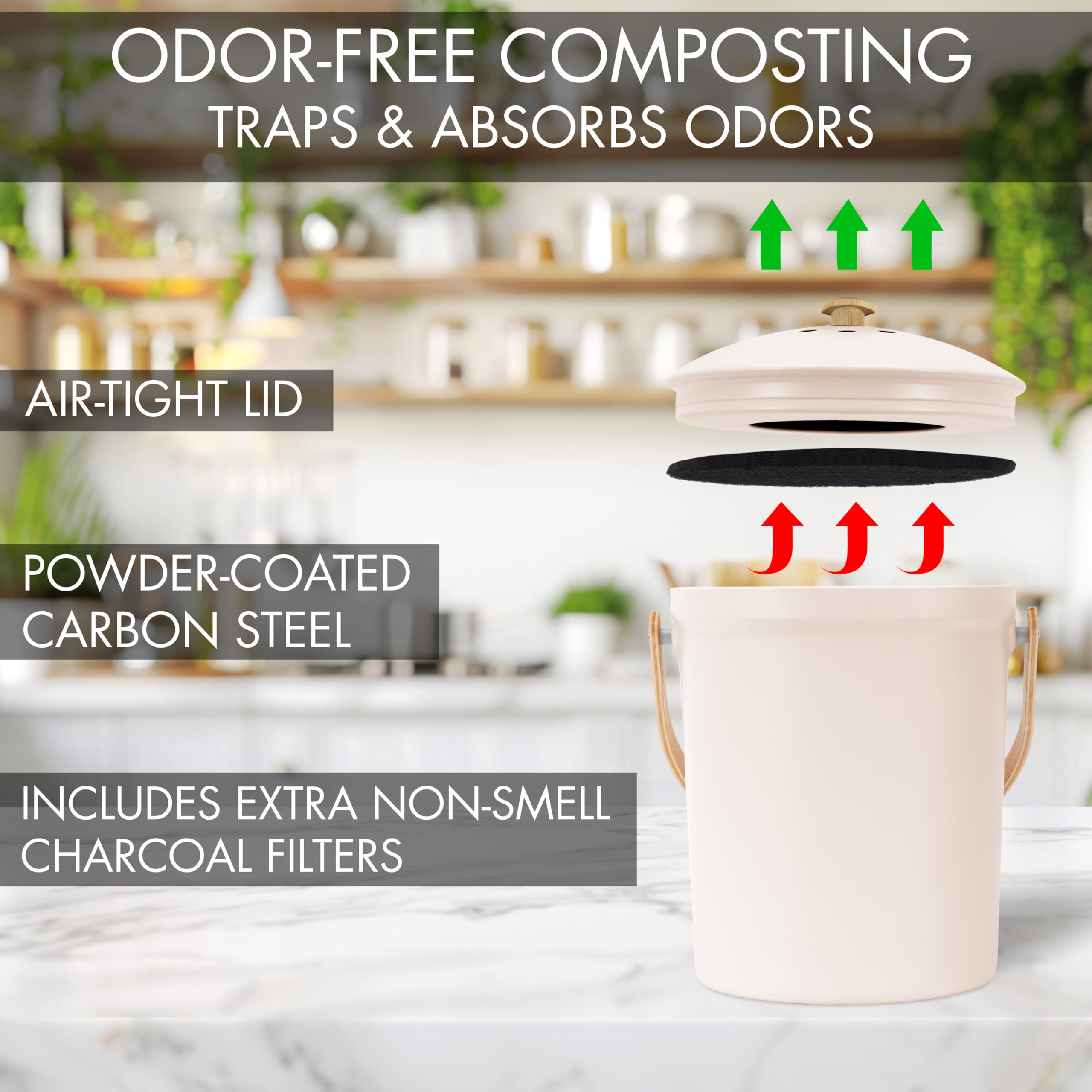 Beautiful Kitchen Compost Bin with Smell Proof Lid - Rust Proof and Odorless Compost Bucket for Your Countertop with No Smell Filters - Easy to Clean 1.1 Gallon Bin Looks Great On Any Kitchen Counter