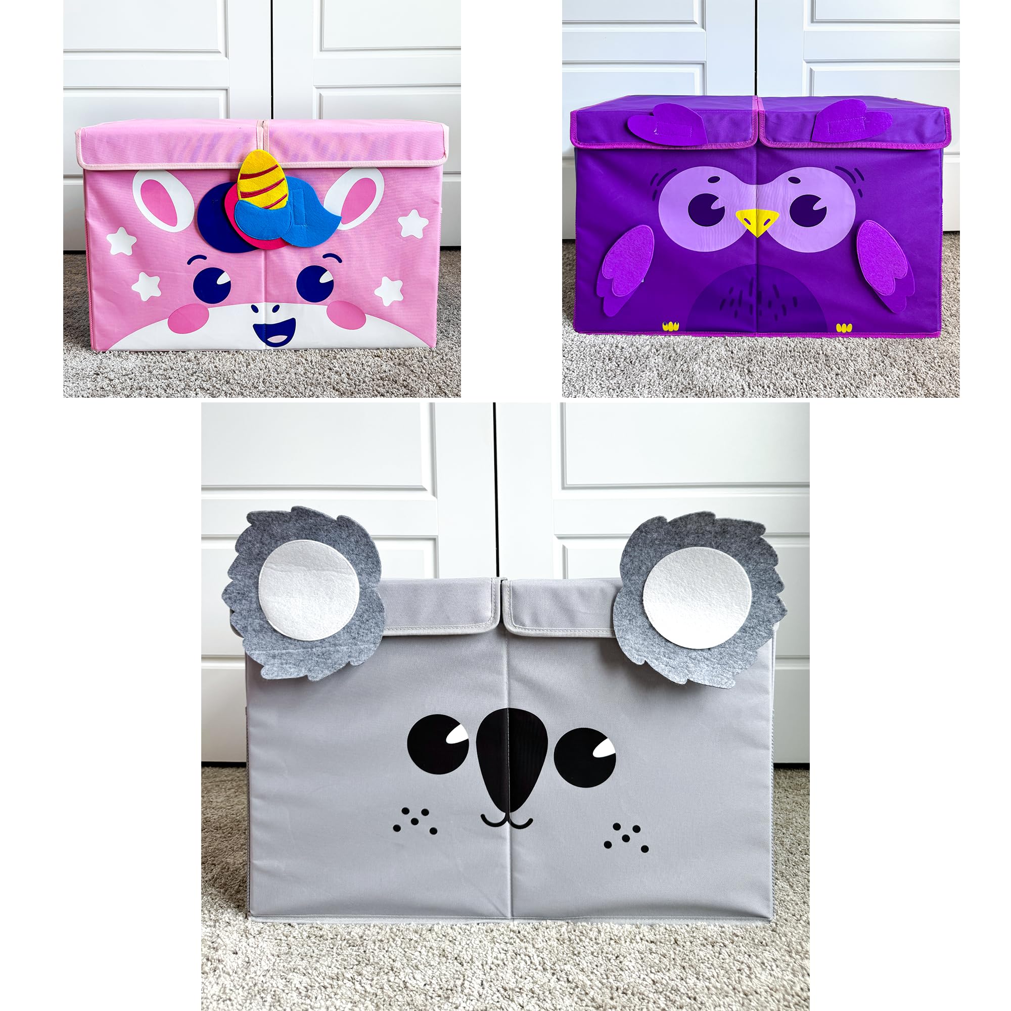 QUOKKA Toy Storage Box Koala, Toy Storage Box Unicorn & Toy Storage Box Owl Playroom Organizers