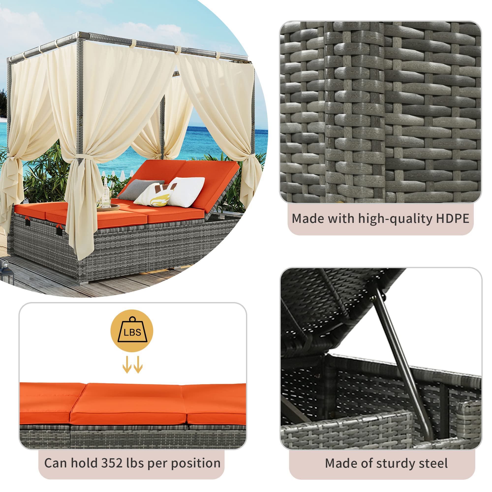 BAMOOLI Outdoor Canopy Bed, Patio PE Rattan Outdoor Chaise Lounge Daybed with Adjustable Seats, Outdoor Sunbed with Four-Sided Canopy, Rattan Sun Lounger Patio Loveseat Sofa Set with Curtains, Orange