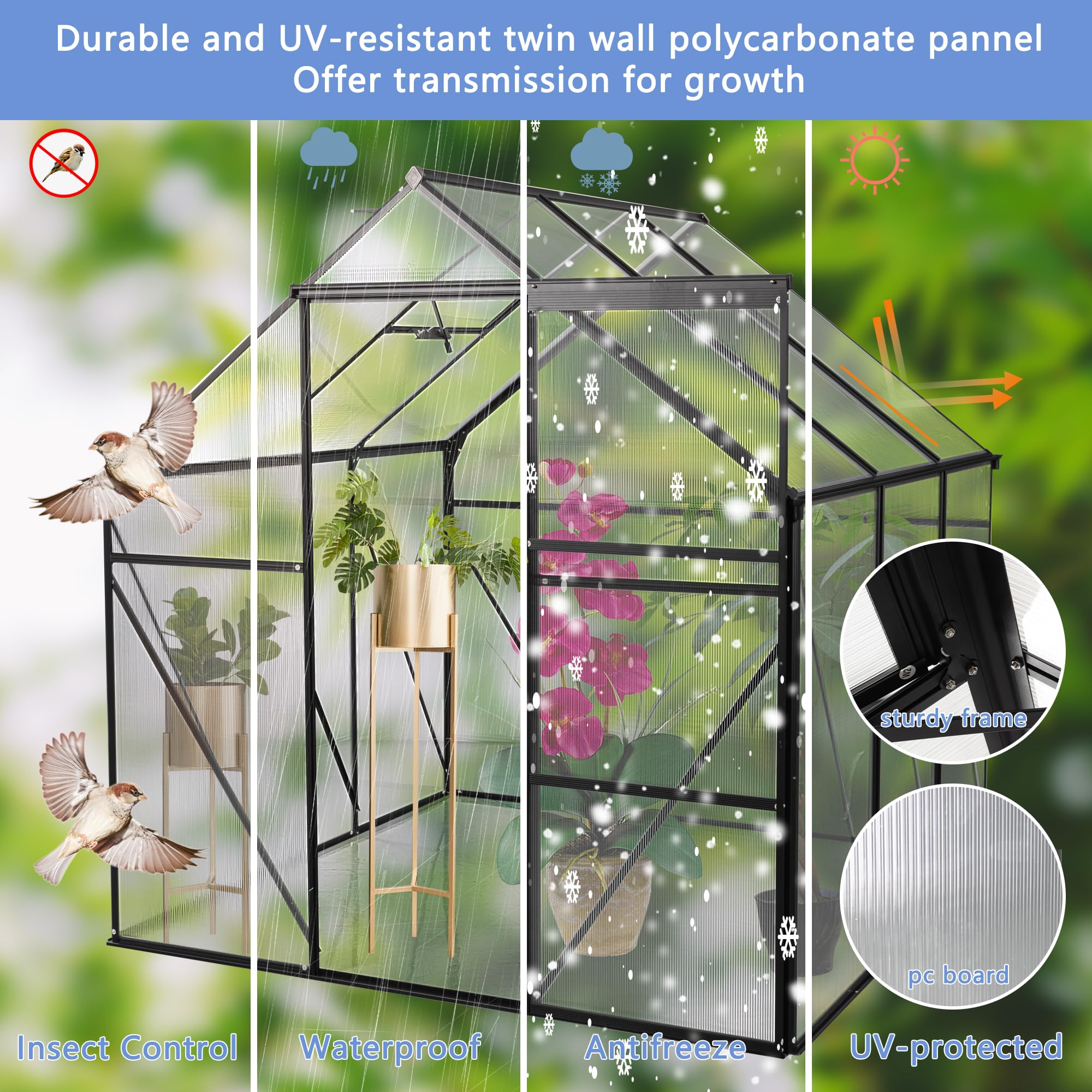 LUSPAZ 6x6ft Black Polycarbonate Greenhouse with Raised Base and Anchor Heavy Duty Aluminum Walk-in Greenhouse for Outdoor Backyard All Season Gardening Solution