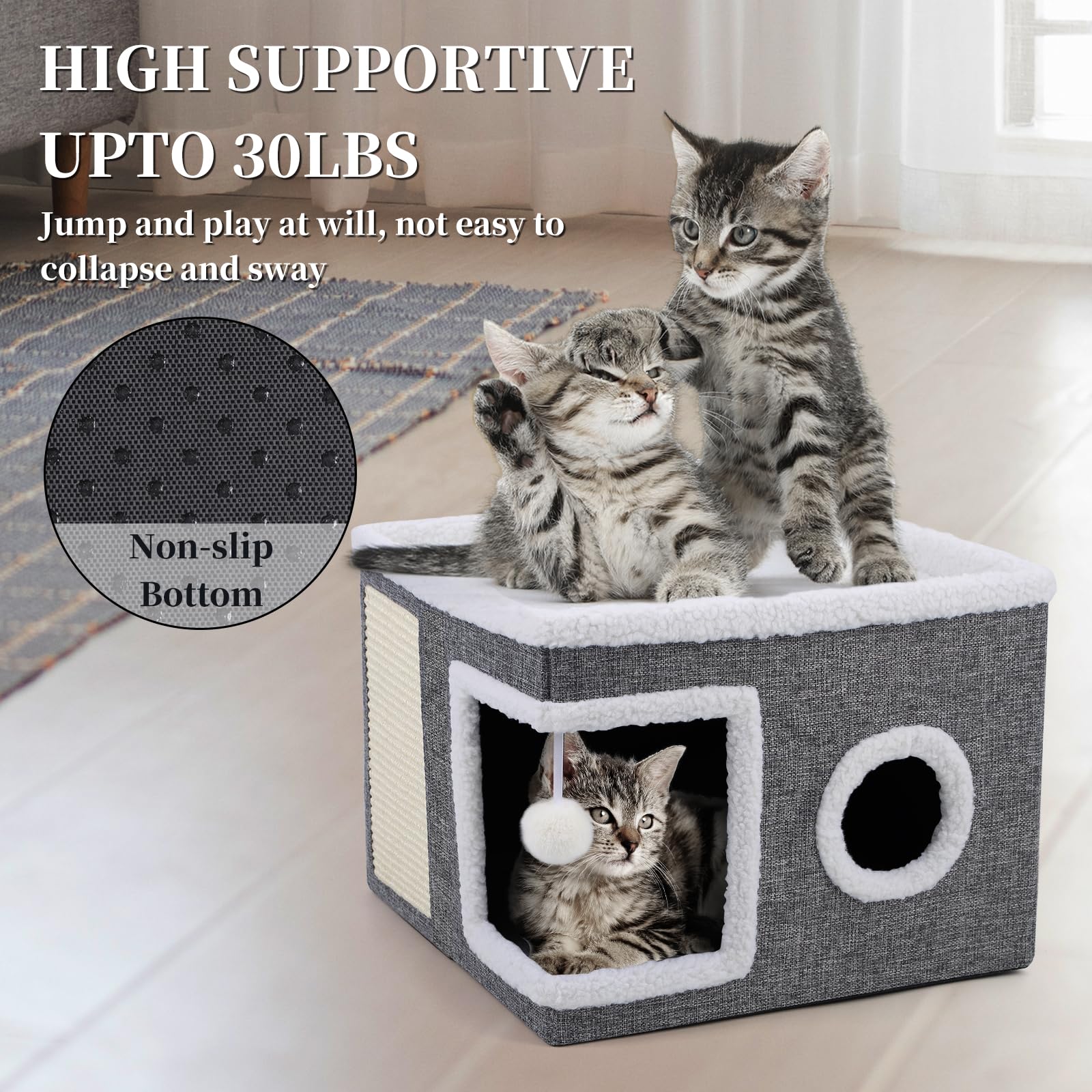 Cat Beds for Indoor Cats, Large Cat Cave with Cozy Condo, Fluffy Hanging Ball, Round Window, Foldable Indoor Cat House Hold Up to 30LBS, Cat Hideaway with Double-Sided Soft Cushions for All Seasons