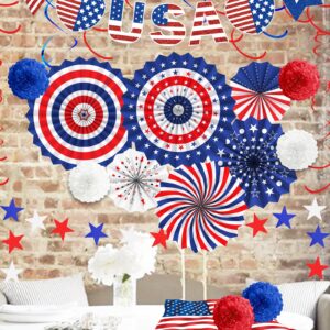 26 Pcs 4th of July Decorations Outdoor, Patriotic Decorations LOVE USA Banner Red White Blue Paper Fans Hanging Swirls Pompoms Independence Day Decor for Veterans Day, Memorial Day, Fourth of July