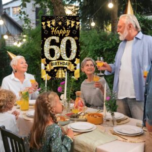 60th Birthday Decorations Door Banner Sign for Men Women, Happy 60 Birthday Door Hanging Party Supplies, Black Gold Sixty Year Old Bday Wall Hanger Decor