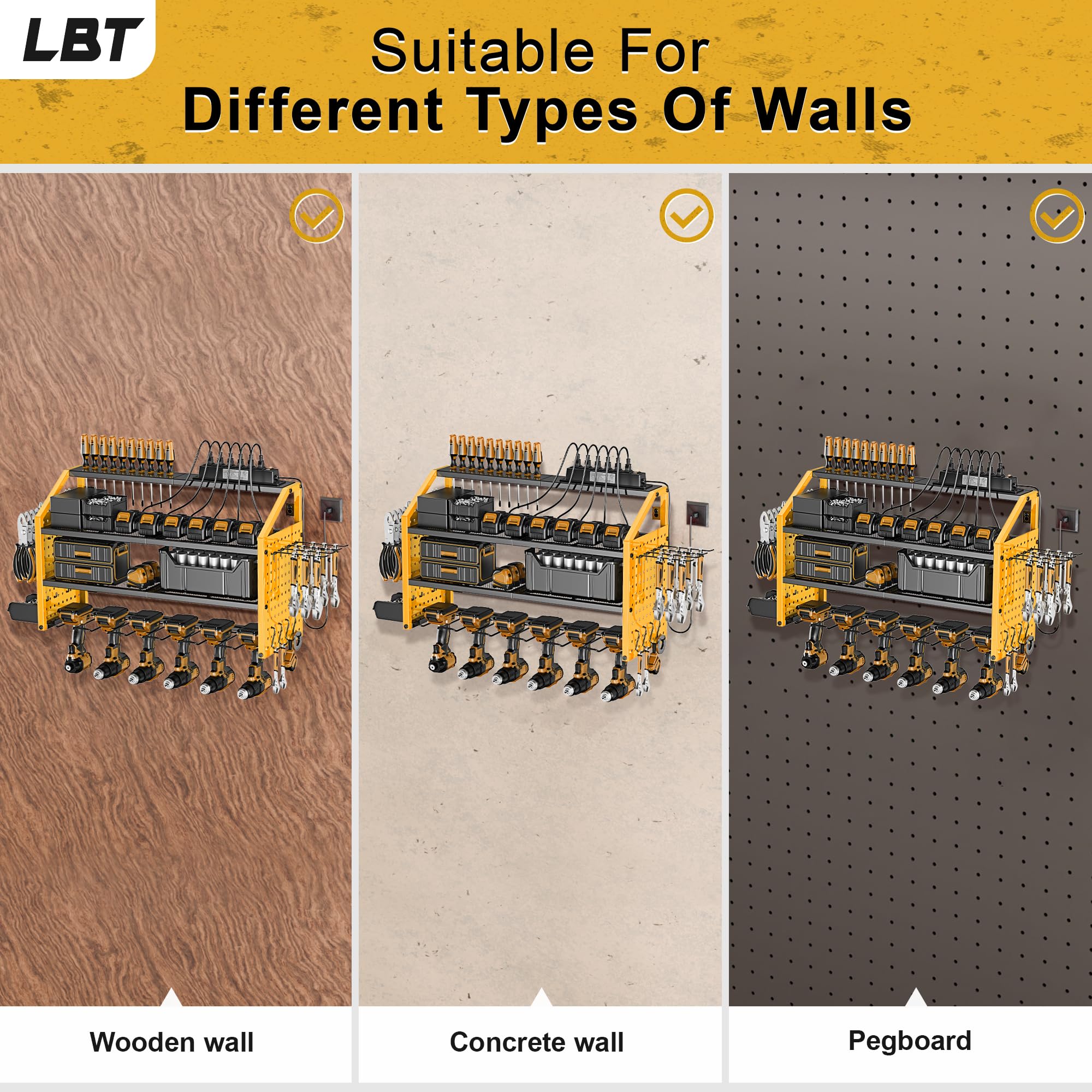 LBT Power Tool Organizer Wall Mount with Charging Station. Patented, Heavy Duty Steel, Garage 6 Drill Storage Shelf, 8 Hooks,2 Screw Boxes,6 Outlets Power Strip, Easy Install Power Tool Storage Rack.