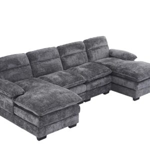 Chenille U Shaped Modular Sectional Sofa,6 Seat Couch 7 Deap Seats Corne, Oversized Convertible Upholstery,Symmetrical Sofa Cloud Couches with Double Chaise for Living Room Apartment (Grey)