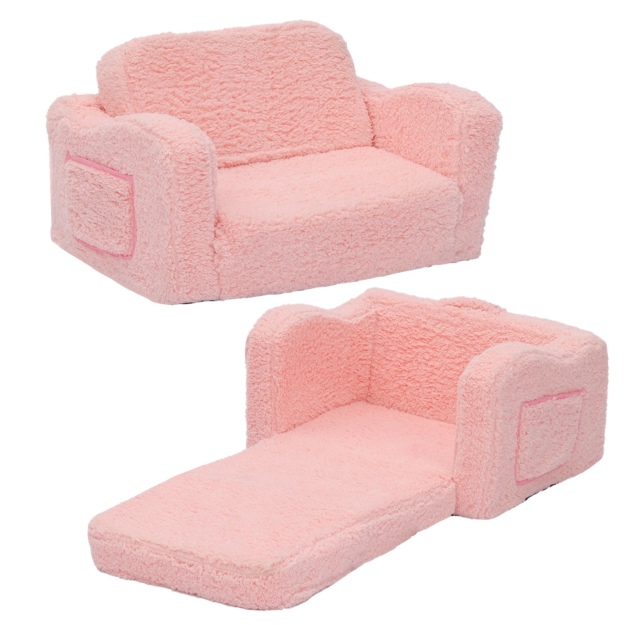 VINYUSE Toddler Couch, 2-in-1 Kids Toddler Soft Sherpa Couch, Convertible Sofa to Lounger, Fold Out Sofa Chair for Girls and Boys, Pink, M