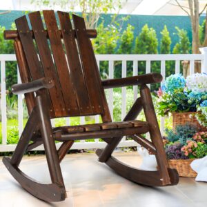 epicozy outdoor wooden rocking chair, patio rustic adirondack porch rocker, all weather solid wood log rocker chair with high back & slatted seat for indoor, backyard, garden, carbonized