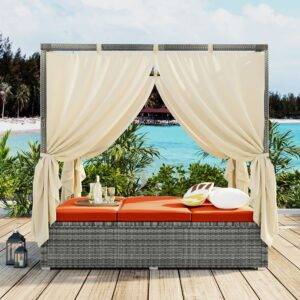 BAMOOLI Outdoor Canopy Bed, Patio PE Rattan Outdoor Chaise Lounge Daybed with Adjustable Seats, Outdoor Sunbed with Four-Sided Canopy, Rattan Sun Lounger Patio Loveseat Sofa Set with Curtains, Orange