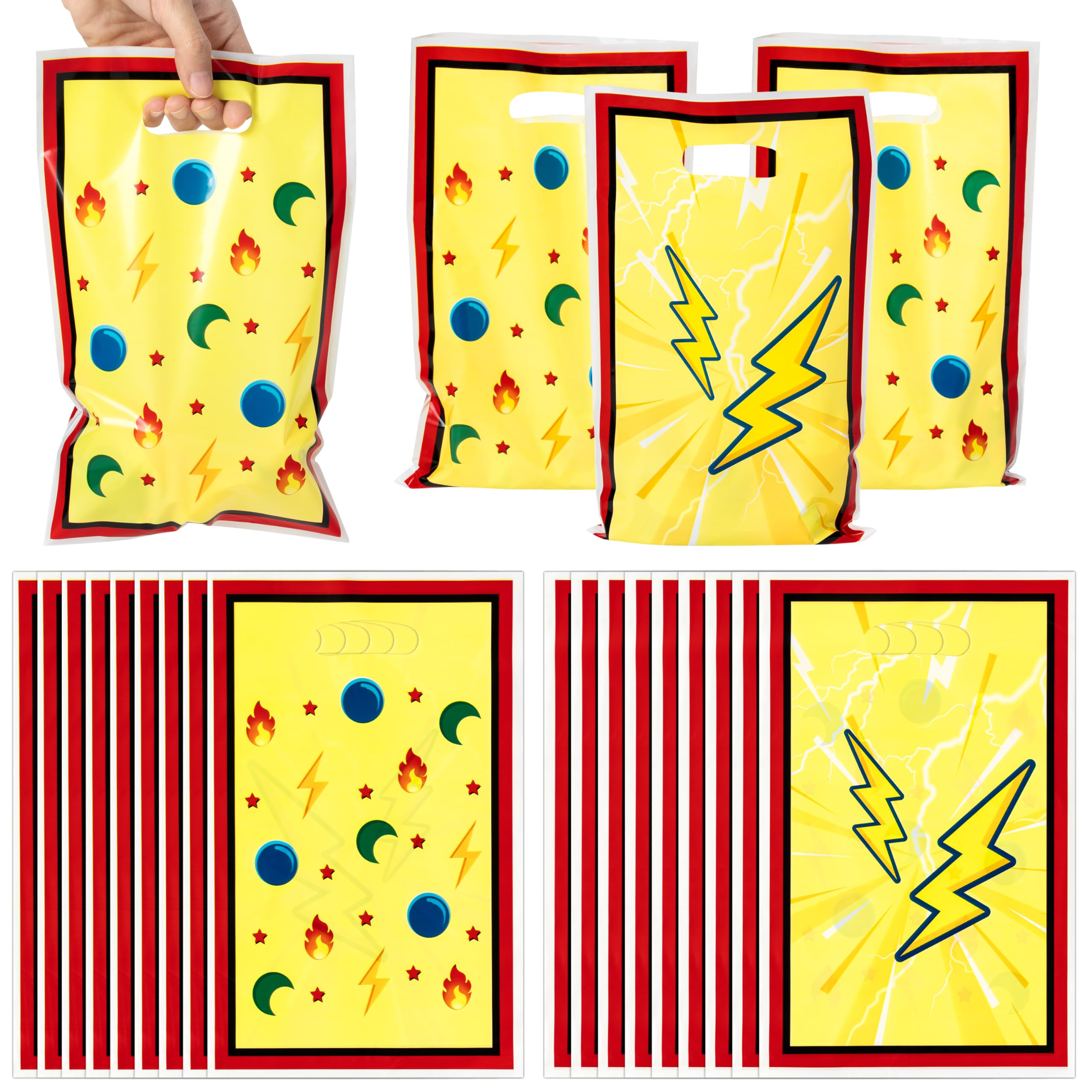 BOpusail 50Pcs Cartoon Lightning Bolts Party Favor Bag with Handle Plastic Goodie Bags Candy Treat Bag Flash Weather Theme Party Decoration Supplies for Boys Girls Kids Birthday Baby Shower Holiday