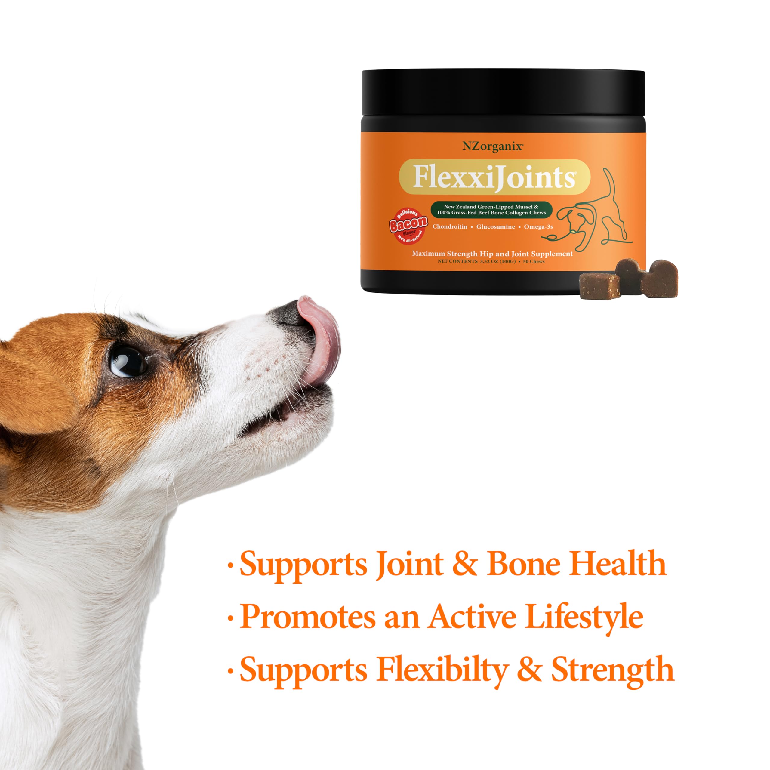 NZorganix FlexxiJoints Hip and Joint Supplement Chews for Dogs, Cats • 100% Grass-Fed Beef Bone Collagen New Zealand Green-Lipped Mussels • 50 Chews