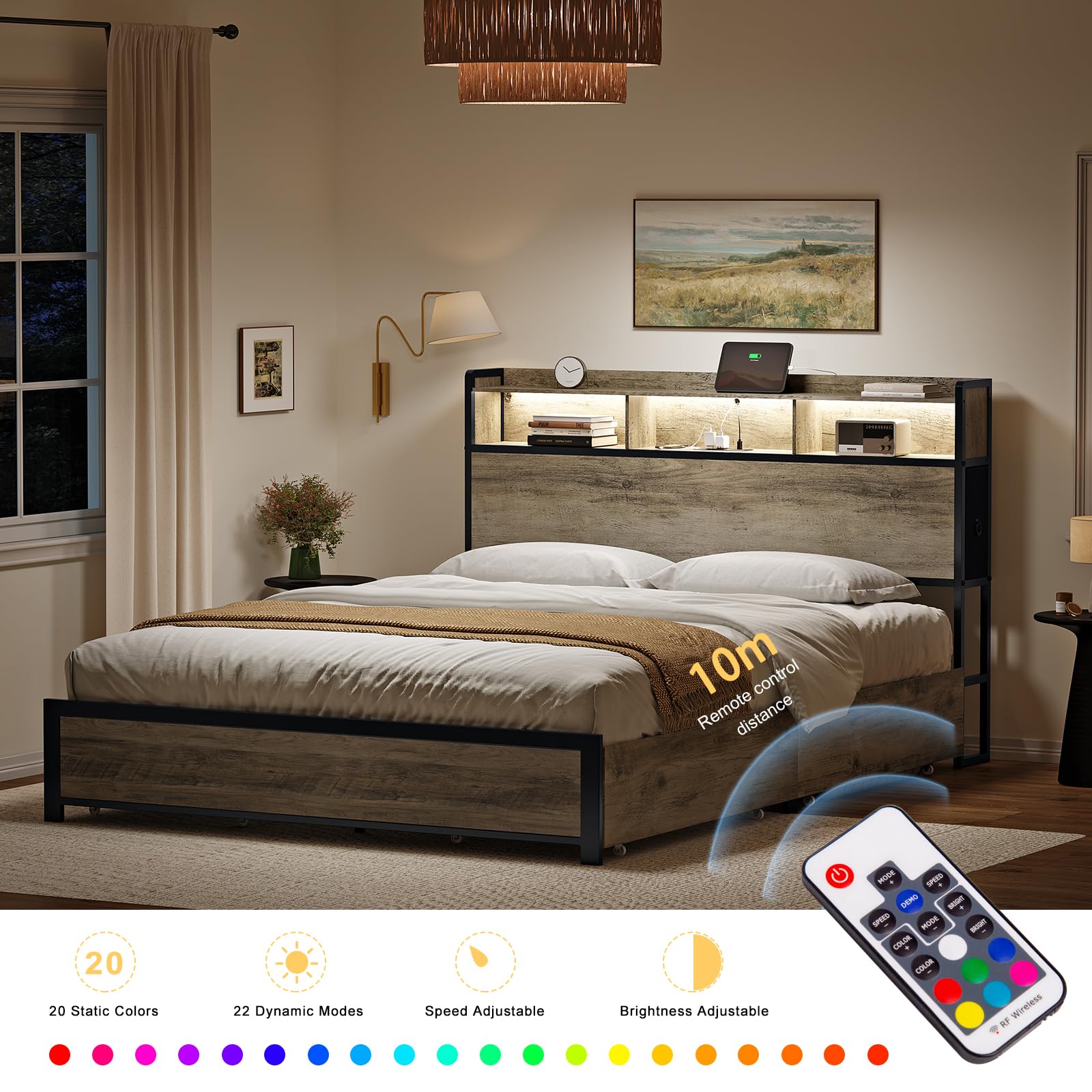 HAUSOURCE Queen Bed Frame with Bookcase Headboard and 2 Drawers LED Lights Metal Platform Non-Slip Without Noise Strong Metal Slats Support No Box Spring Needed (Greige, Queen)