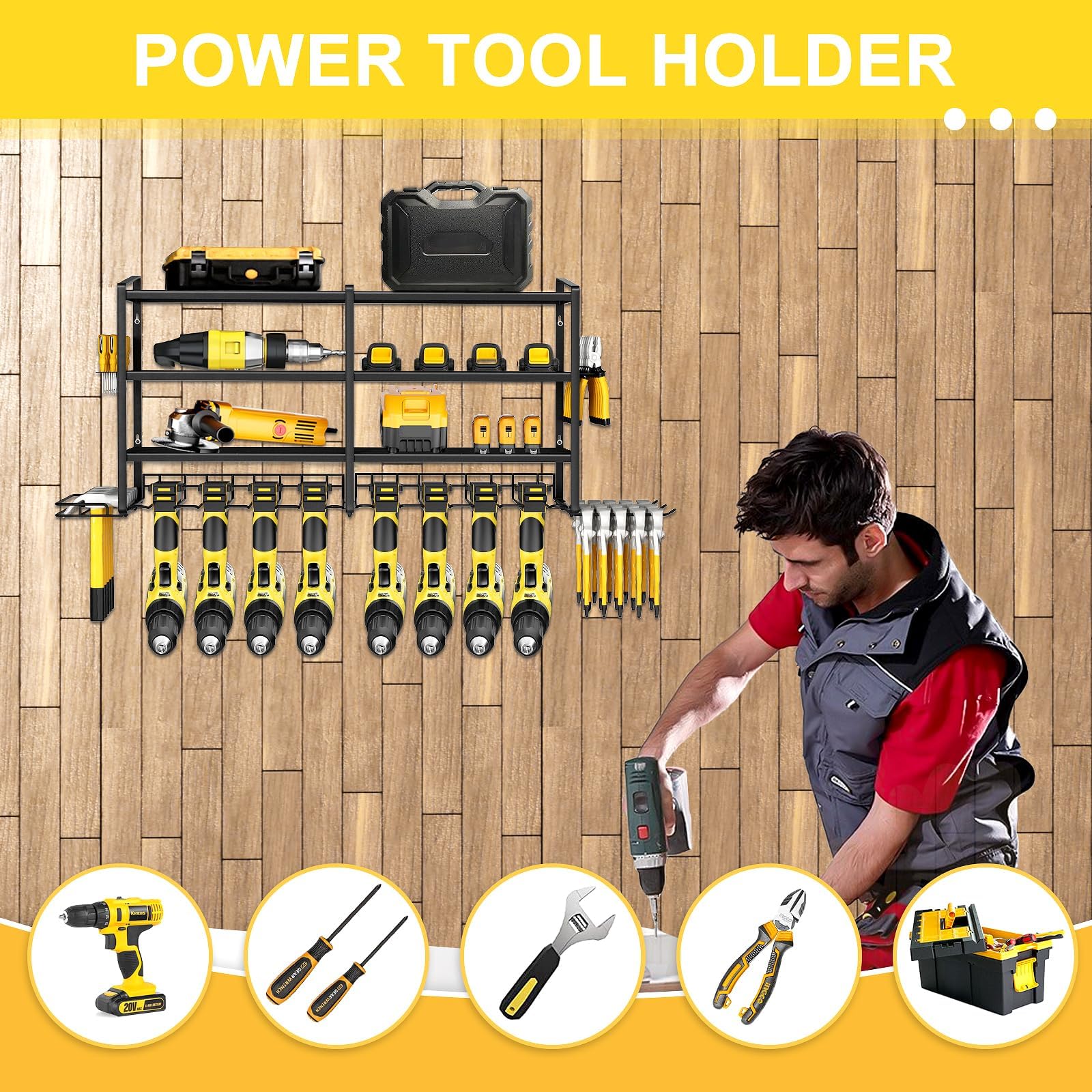 LADER Power Tool Organizer, 8 Drill Holder Wall Mounted, 4 Layer Heavy Duty Metal Tool Shelf, Garage Tool Organizer and Tool Storage Rack with Screwdriver Holder/Plier Holder/Hammer Holder