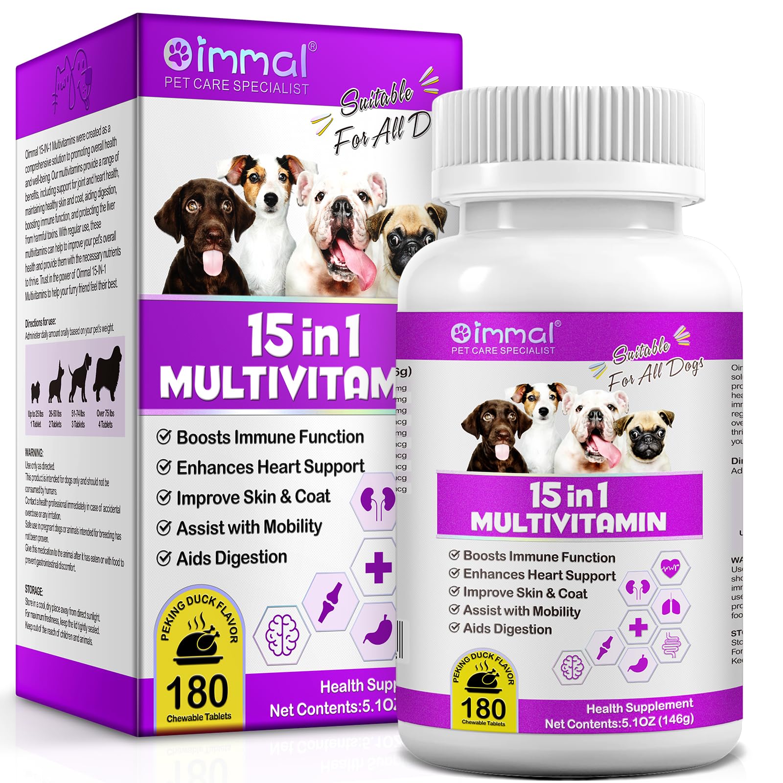 Dog Multivitamin Treats - 15 in 1 Multivitamin Tablets for Dogs with Glucosamine, Cranberry, Milk Thistle, Vitamins Supports Joint & Digestion, Skin & Coat - Peking Duck Flavor / 180 Chewable Tablets