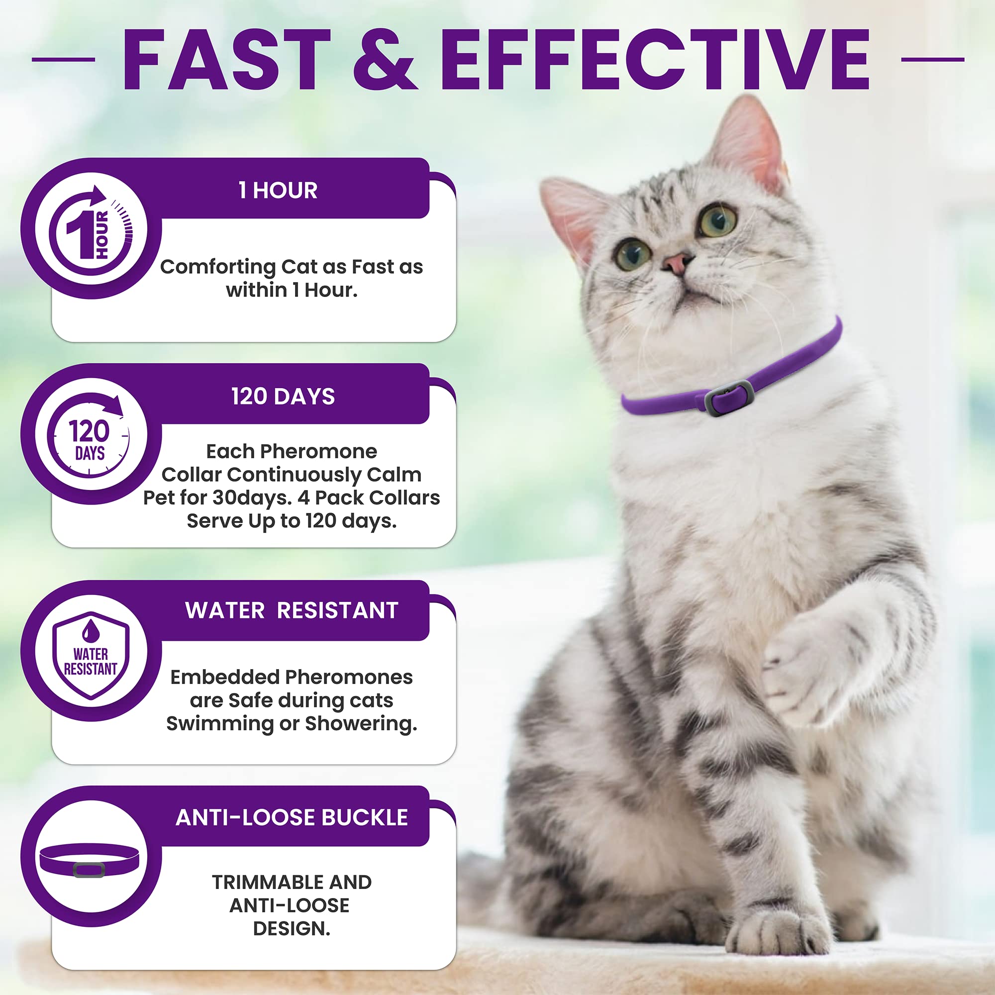 TriOak 4 Pack Calming Collar for Cats, Cat Calming Collar, Calming Pheromone Collar for Cats, Cat Pheromone Collar, Cat Calming Collar for Anxiety, Efficient Relieve Anxiety Stress (Purple)