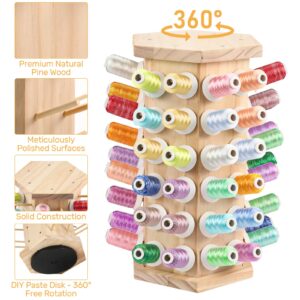 Hexagon Wooden Thread Holder Stand, 72-Spools Embroidery Thread Organizer, Smooth Wood Thread Racks for Spools of Thread and Bobbins - Quilting and Sewing Thread Storage(360° Rotating)