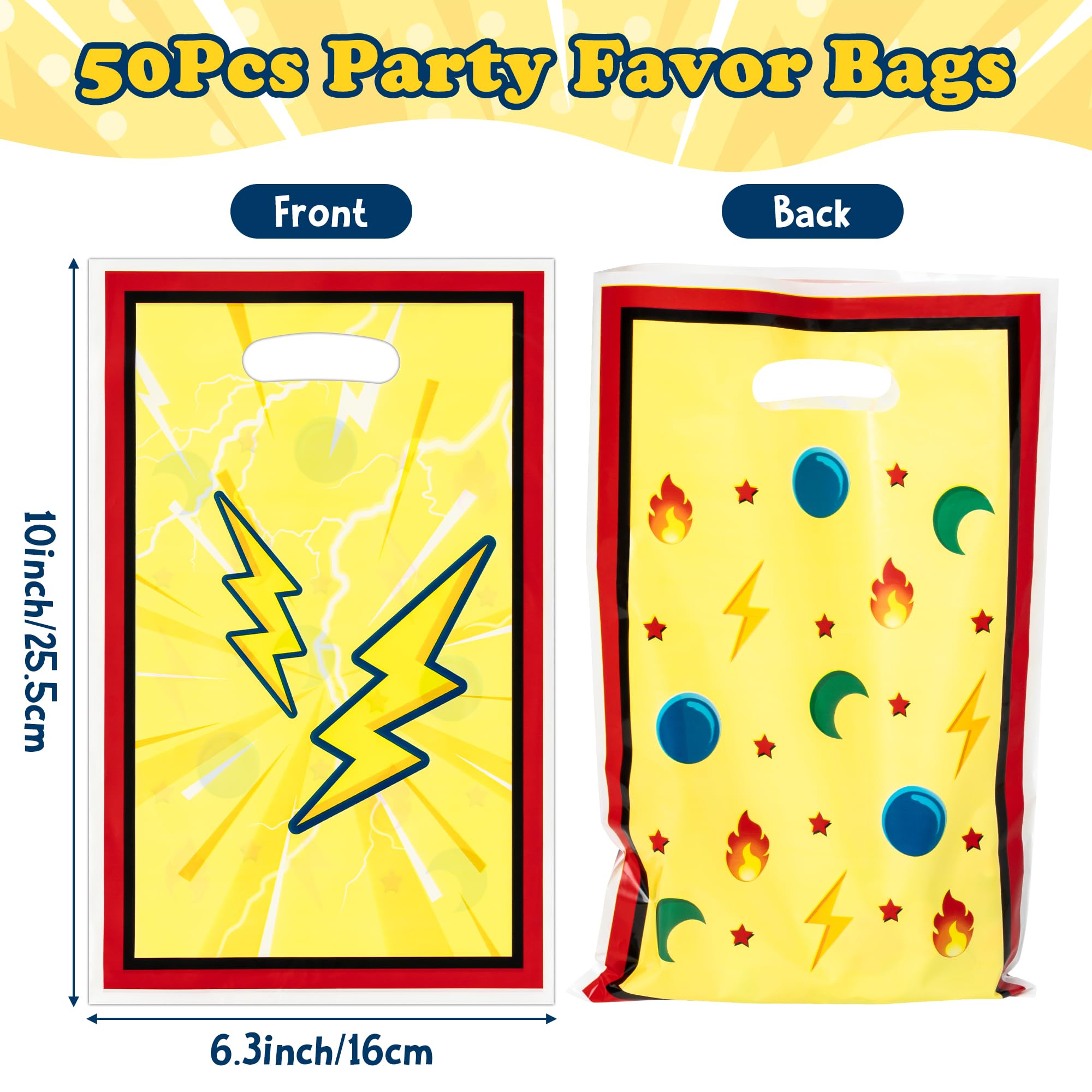 BOpusail 50Pcs Cartoon Lightning Bolts Party Favor Bag with Handle Plastic Goodie Bags Candy Treat Bag Flash Weather Theme Party Decoration Supplies for Boys Girls Kids Birthday Baby Shower Holiday