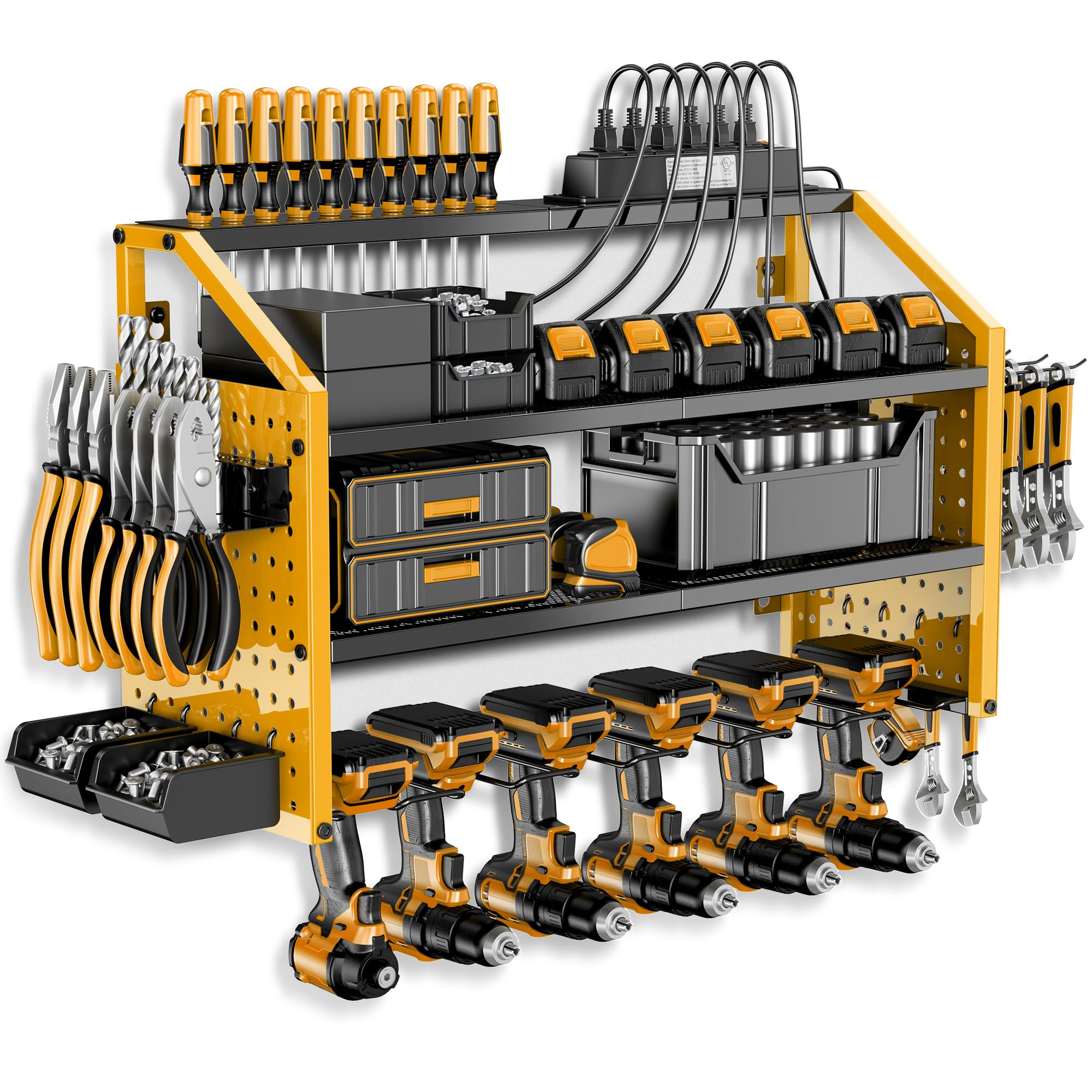 LBT Power Tool Organizer Wall Mount with Charging Station. Patented, Heavy Duty Steel, Garage 6 Drill Storage Shelf, 8 Hooks,2 Screw Boxes,6 Outlets Power Strip, Easy Install Power Tool Storage Rack.