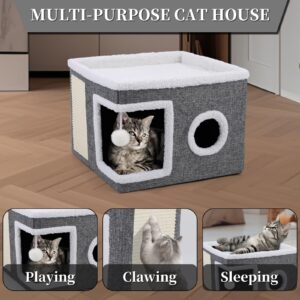 Cat Beds for Indoor Cats, Large Cat Cave with Cozy Condo, Fluffy Hanging Ball, Round Window, Foldable Indoor Cat House Hold Up to 30LBS, Cat Hideaway with Double-Sided Soft Cushions for All Seasons