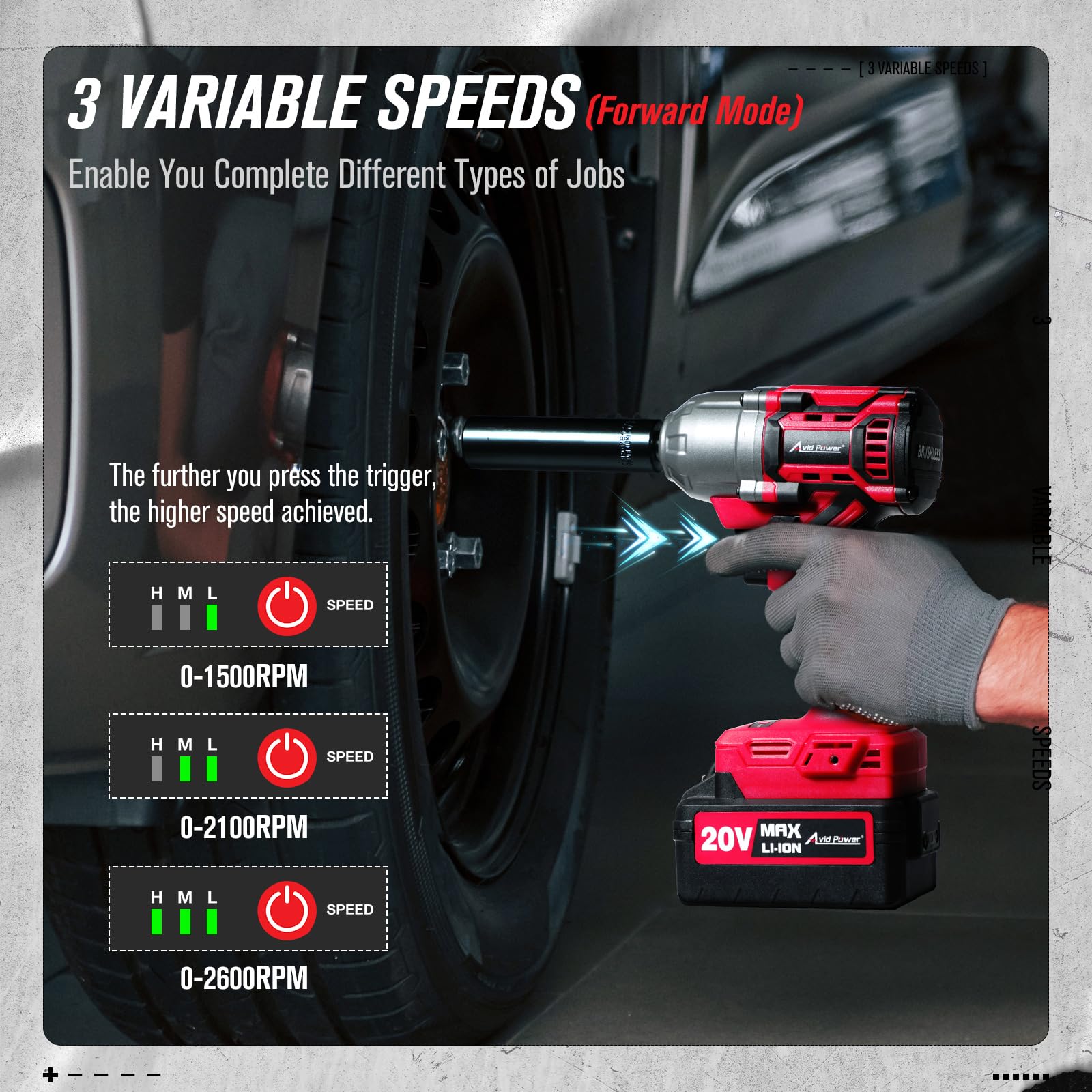 AVID POWER 1/2 Impact Wrench Brushless, 20V Cordless Impact Gun w/ 3 Variable Speeds, Max Torque 370ft-lbs (500N.m), 3.0Ah Li-ion Battery, 4Pcs Impact Sockets, Fast Charger