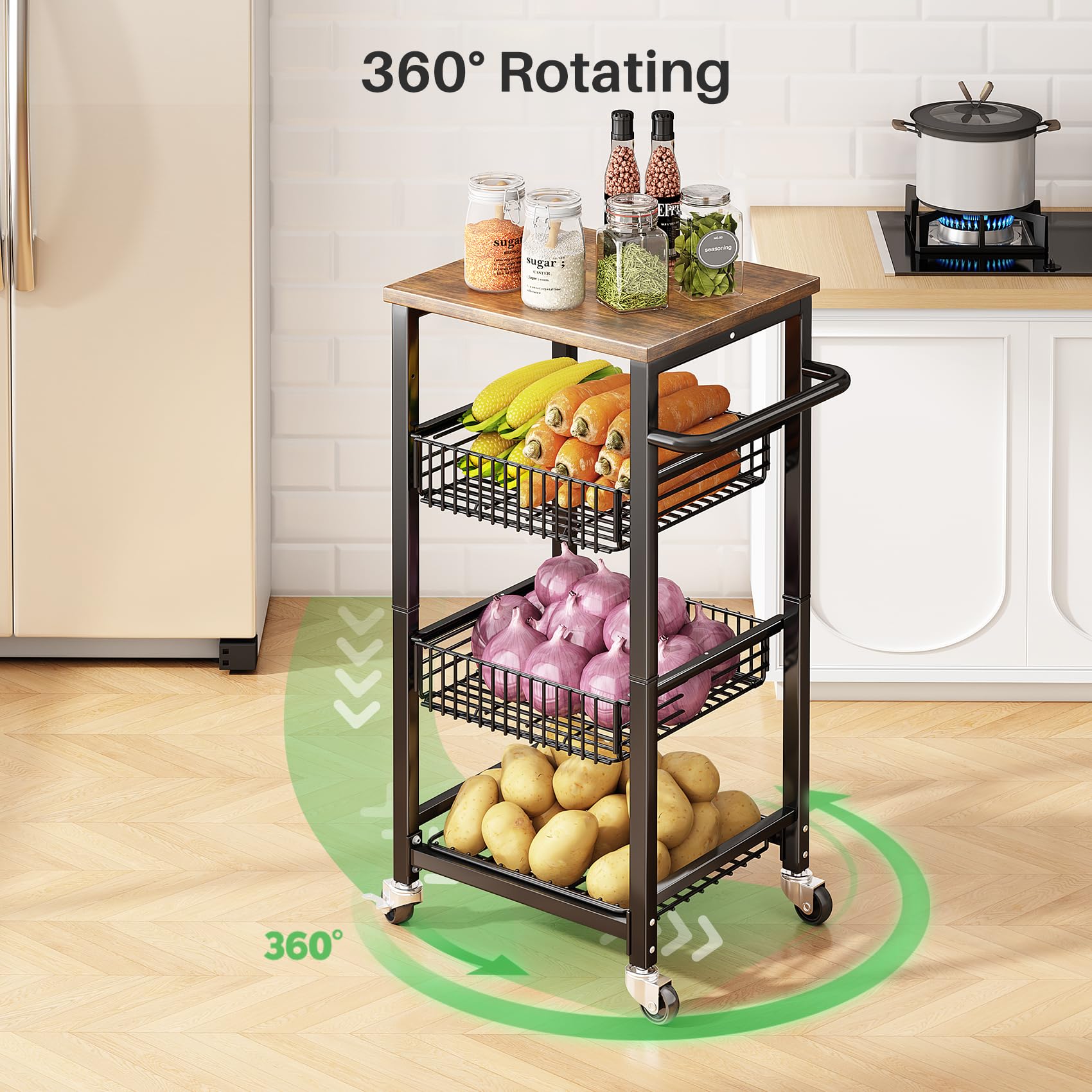 Fruit Basket for Kitchen Pantry Organizers - 4 Tier with Wheels, Wooden Top Table, Stackable Metal Wire Basket Stand for Fruit Vegetable Snacks Storage Organization, Black