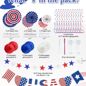 26 Pcs 4th of July Decorations Outdoor, Patriotic Decorations LOVE USA Banner Red White Blue Paper Fans Hanging Swirls Pompoms Independence Day Decor for Veterans Day, Memorial Day, Fourth of July