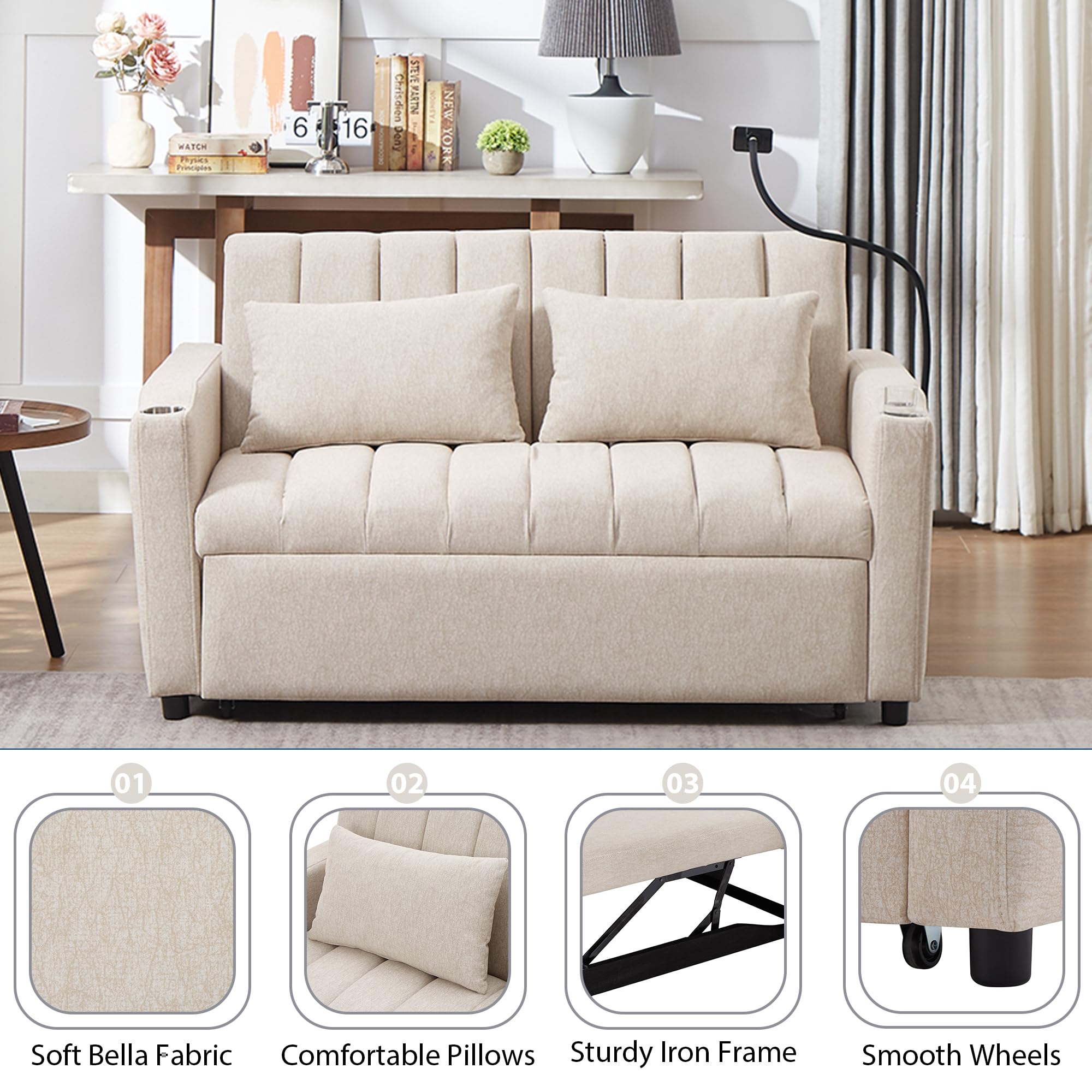 LUMISOL 3-in-1 Convertible Sleeper Sofa Bed, 55.9" Loveseat Pull Out Bed with USB Ports, Cup Holders, Swivel Stand & Storage Pockets, Modern Tufted Sofa Bed with Pillows, Beige