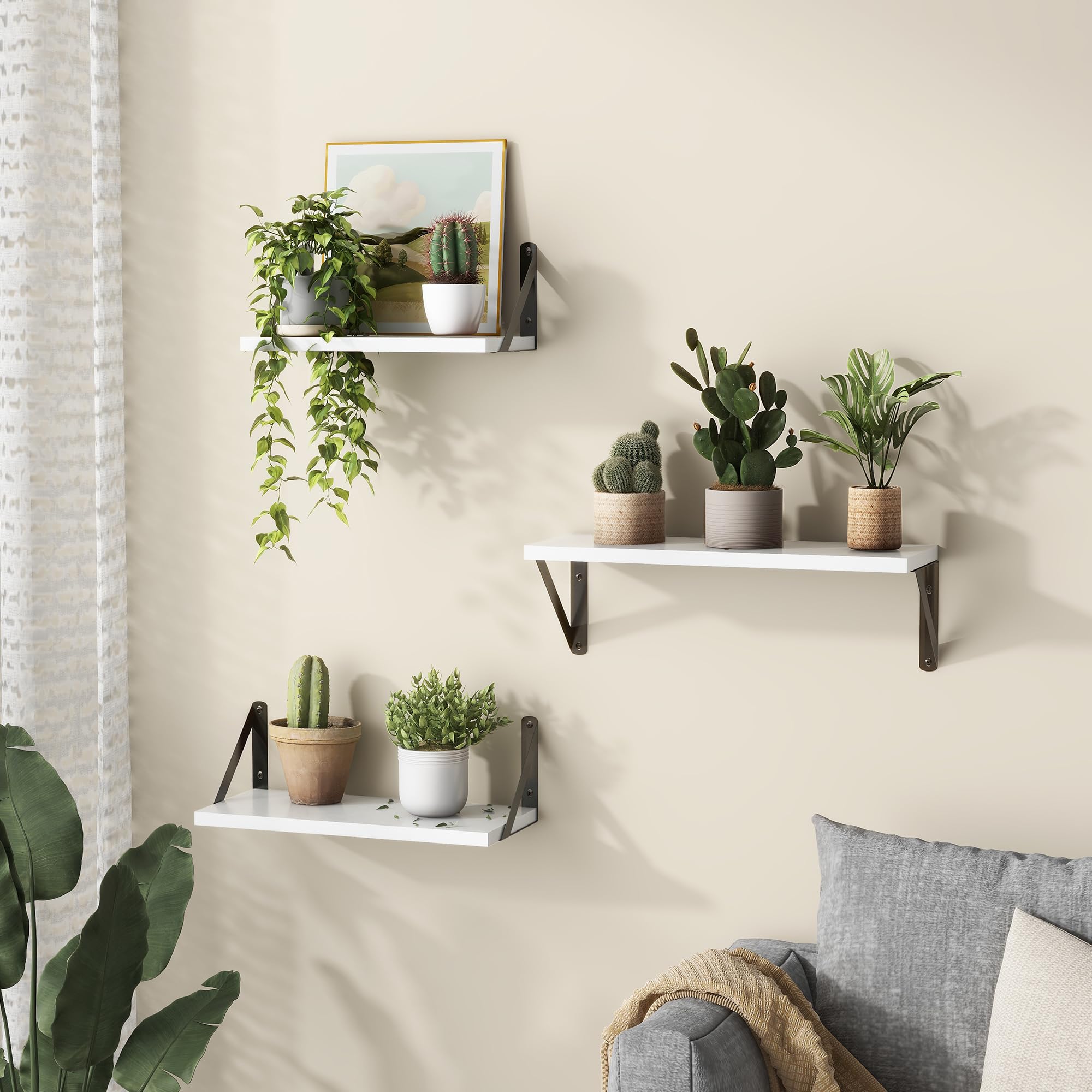 Fun Memories Floating Shelves Wall Mounted Set of 3, 16.5 Inch Natural Wood Wall Shelves, Decor Storage Shelf for Bedroom Bathroom Living Room Office Pictures Plants Books Cats TV (White and Black)