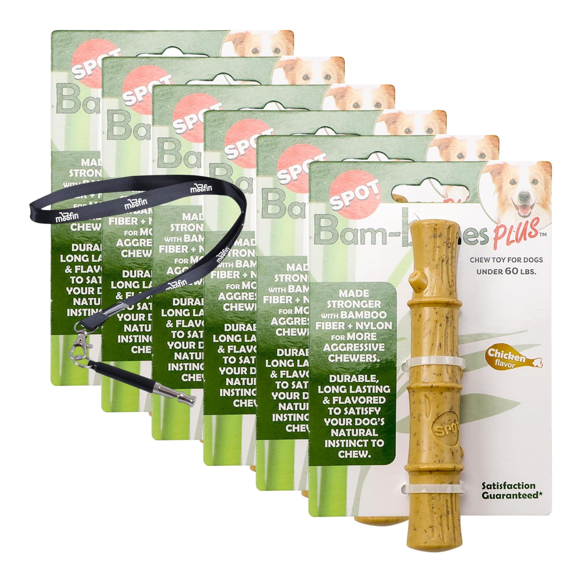 moofin Bam Bones for Dogs Bamboo Dog Toy, Chicken Flavored Dog Chew Toys Bundle SS Pet Training Whistle - Chew Stick for Aggressive Chewers for Dogs Under 60 lbs ~ [Pack of 6]