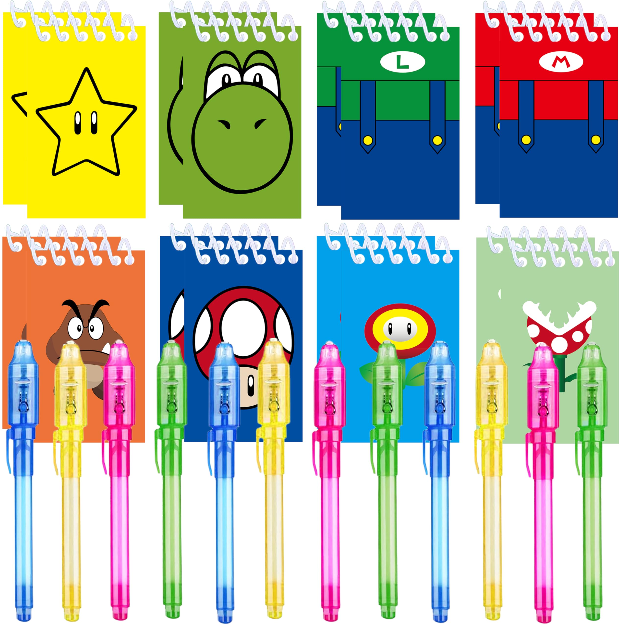 Jiaoohoo 24 Pcs Super Bros Party Favors | Set of 12 Invisible Ink Pen and 12 Super Bros Mini Notepads | Gift Bag Stuffers for Super Bros Party Supplies