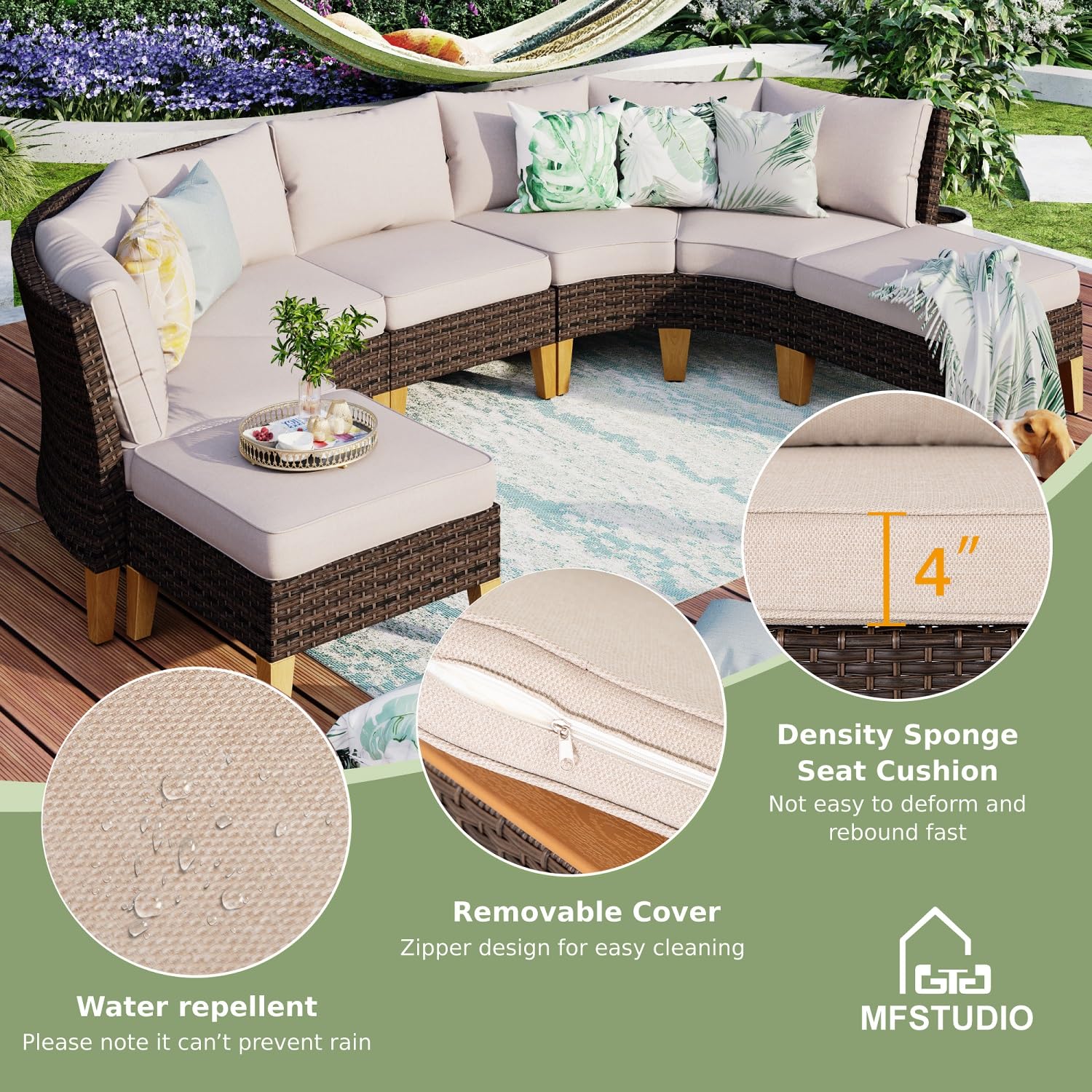 MFSTUDIO 11 Pieces Wicker Patio Furniture Set with 56" Fire Pit Table, All-Weather Rattan Outdoor Half-Moon Patio Sectional Sofa Set, 4 x Curved Sofa, 4 x Armless Sofa, 2 x Ottoman(Beige Cushion)