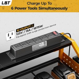 LBT Power Tool Organizer Wall Mount with Charging Station. Patented, Heavy Duty Steel, Garage 6 Drill Storage Shelf, 8 Hooks,2 Screw Boxes,6 Outlets Power Strip, Easy Install Power Tool Storage Rack.