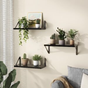 Fun Memories Black Floating Shelves Set of 3, Wooden Wall Book Shelves, Wall Mounted Bathroom Shelves, Modern Storage Shelf Bathroom Organizer, Living Room, Kitchen, Office (16.5 inches Long)